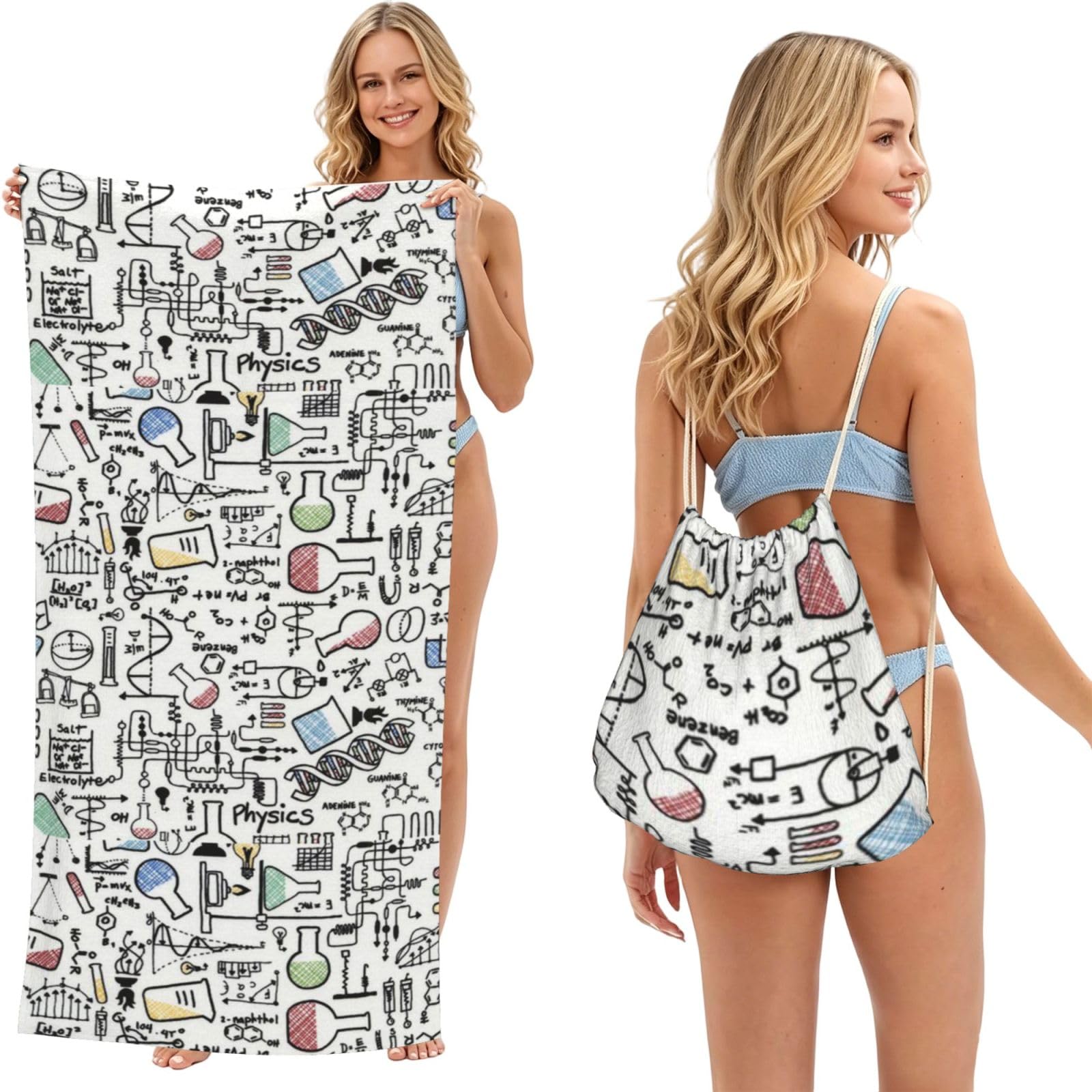 Poadnly As Picture Chemistry Experiments Science Science Experiments, 2 In 1 Packable Towel Bag, Beach Towels With Drawstring Backpack For Travel Holiday Camping
