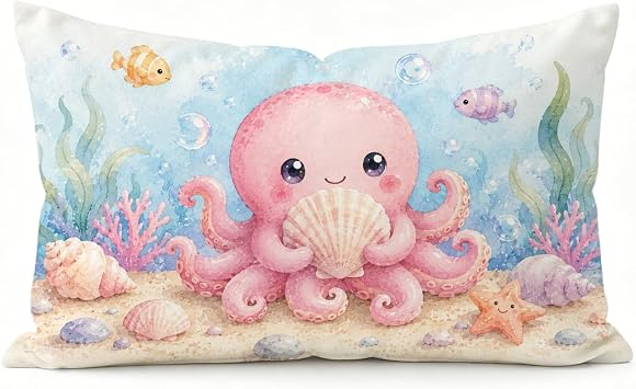 Cute Pink Octopus Throw Lumbar Pillow Cover 12x20 Inch Kids Ocean