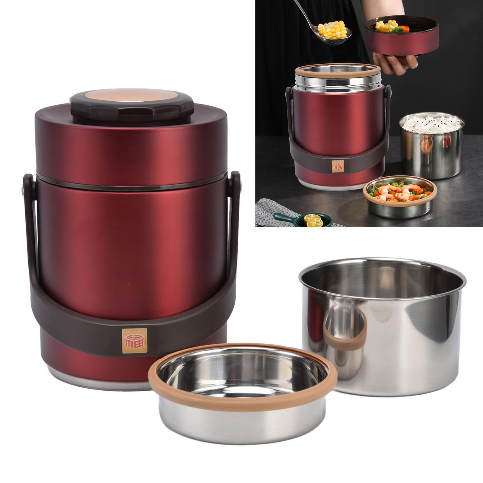 Cryfokt 3-lagige Isolierte Lunchbox aus Edelstahl 304, Auslaufsicherer Lebensmittelbehälter für Arbeitsreisen, Picknick – 1500 Ml Fassungsvermögen (Rot)