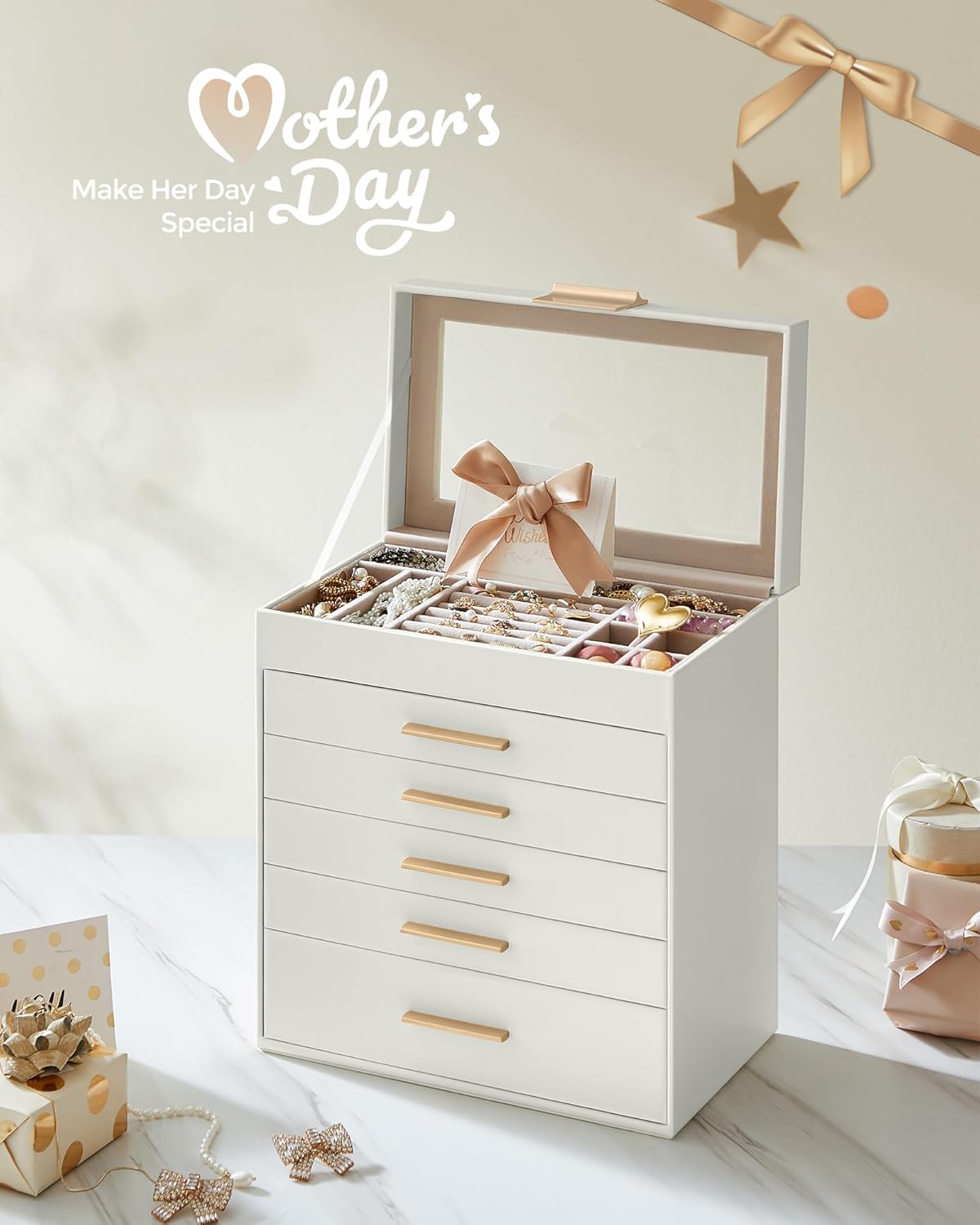 SONGMICS GISELLA Collection - Jewelry Box Organizer, 6-Layer Jewelry Storage with 5 Drawers, Shiny Metal Hardware, Glass Lid, Modern, 6.4 x 9.9 x 11.4 Inches, Cloud White and Gold Color UJBC171W01