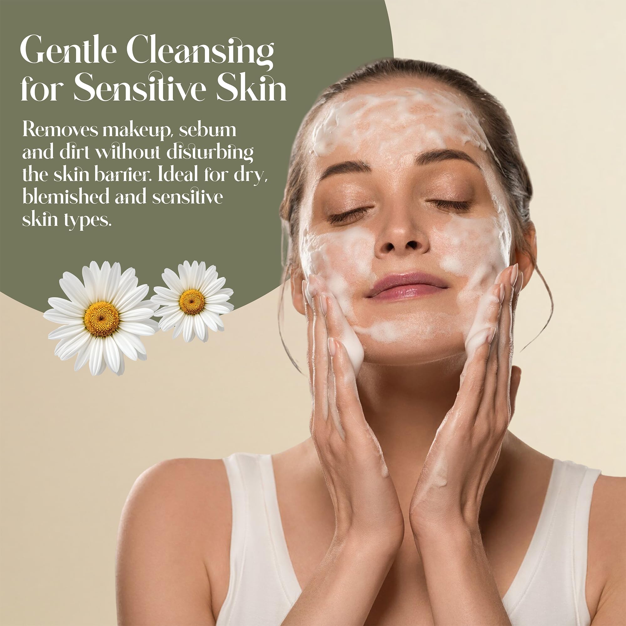 Espuma limpiadora facial orgánica – Limpieza facial suave para pieles sensibles – Con aloe vera, ácido hialurónico y manzanilla – Limpiador de espuma hidratante – Vegano y sin perfume – 150 ml