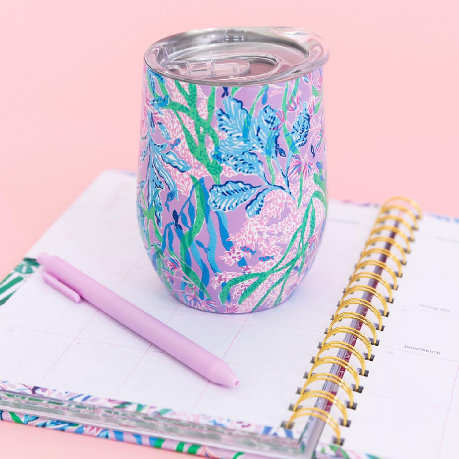 Lilly Pulitzer 12 Oz Insulated Tumbler with Lid, Yellow/Green Stainless Steel Travel Wine Glass, Double Wall Metal Cup (Secret Escape) - Image 4