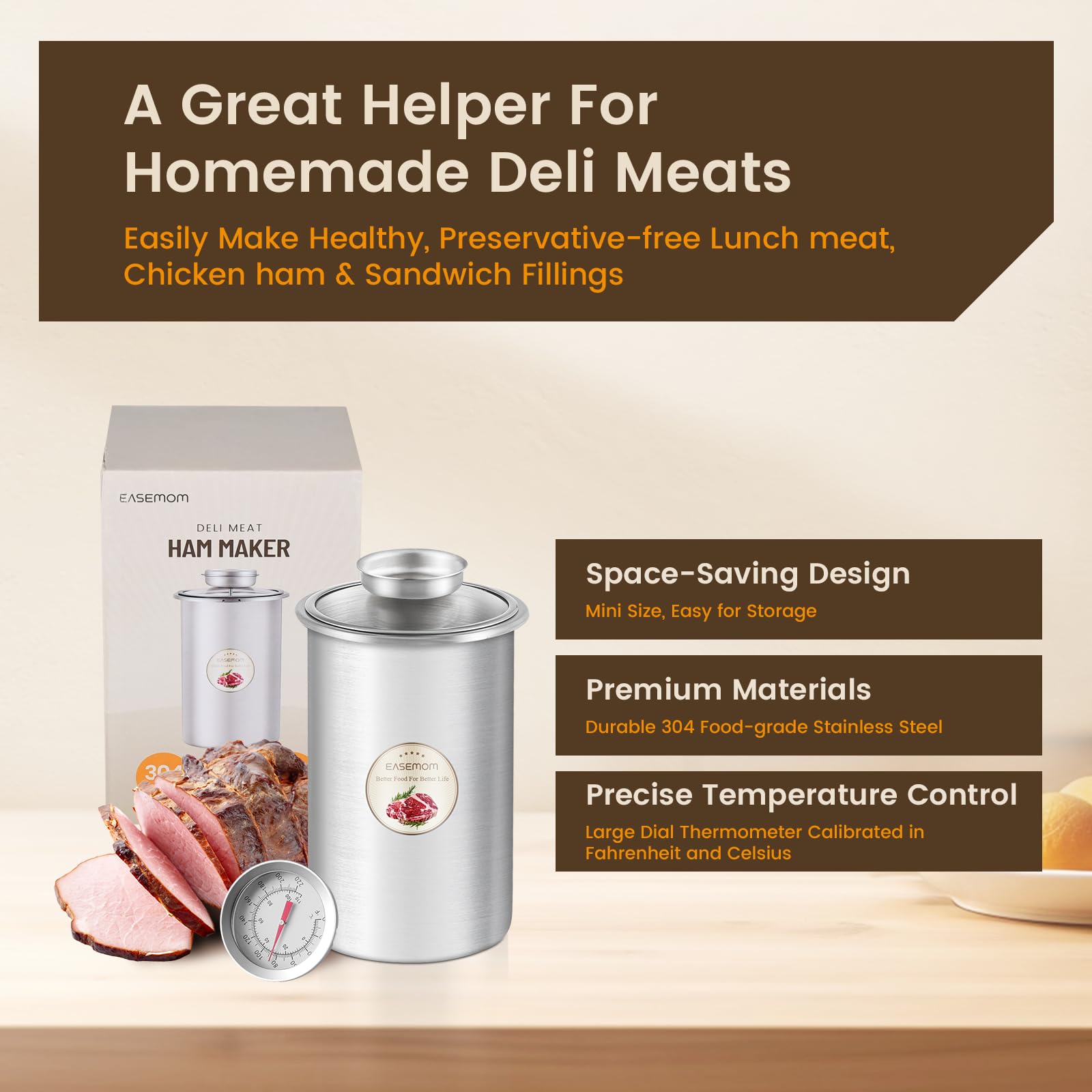 Stainless Steel Ham Maker Press - Healthy Homemade Deli Meat Maker For Sandwiches, Includes Thermometer & Lid - View #10