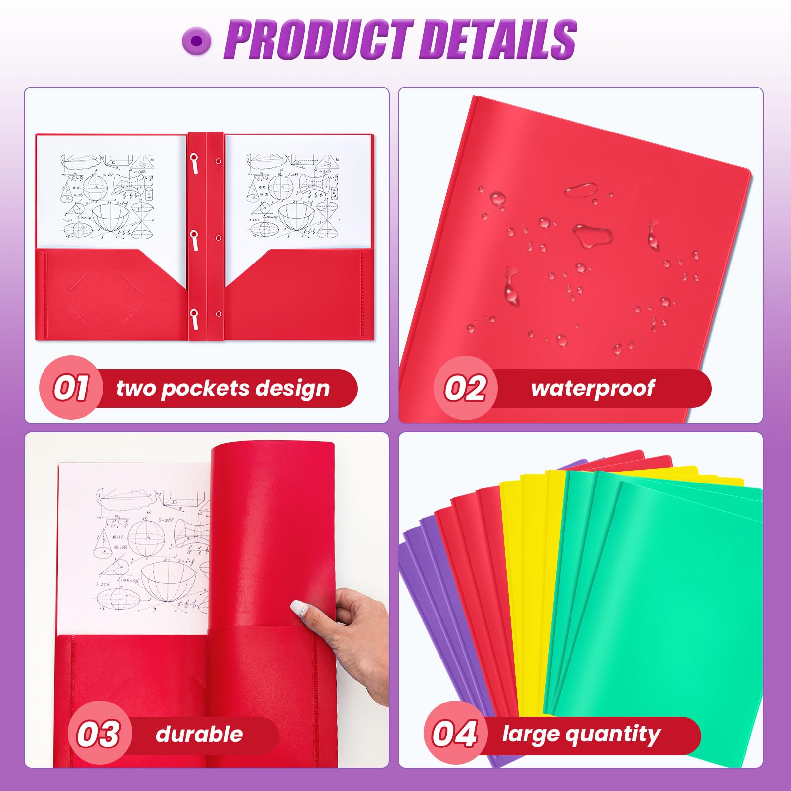 Lincia 100 cartelline in plastica con tasche e rebbi, con rebbi, cartelle in plastica con 2 tasche, per ufficio, scuola, studenti, insegnanti, impiegati (colorate)