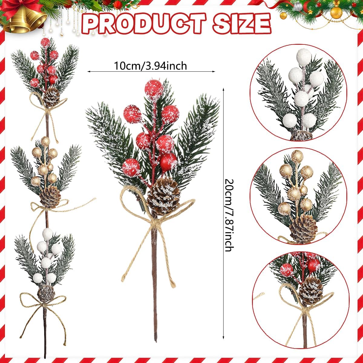 9 pcs christmas artificial berry branches floral picks red gold white berries stems pine branches with pinecones holly leaves for vase floral arrangement wreath winter holiday season decor crafts
