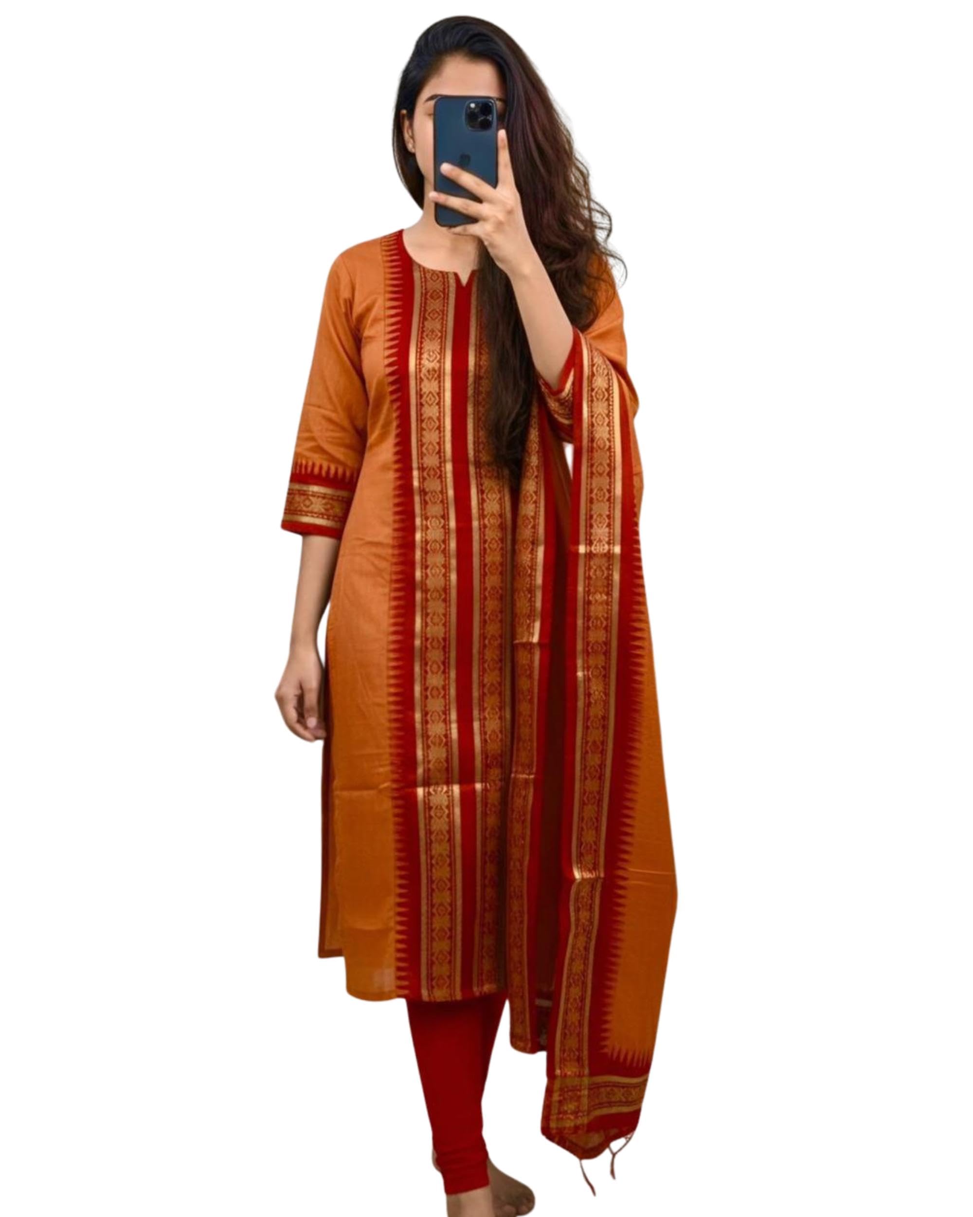 Womens Pure Silk Cotton Straight Kurti Set with Dupatta - Crew Neck & 3/4 Sleeves - Soft & Comfortable Fabric - Elegant Printed Design for Casual Wear-image-36