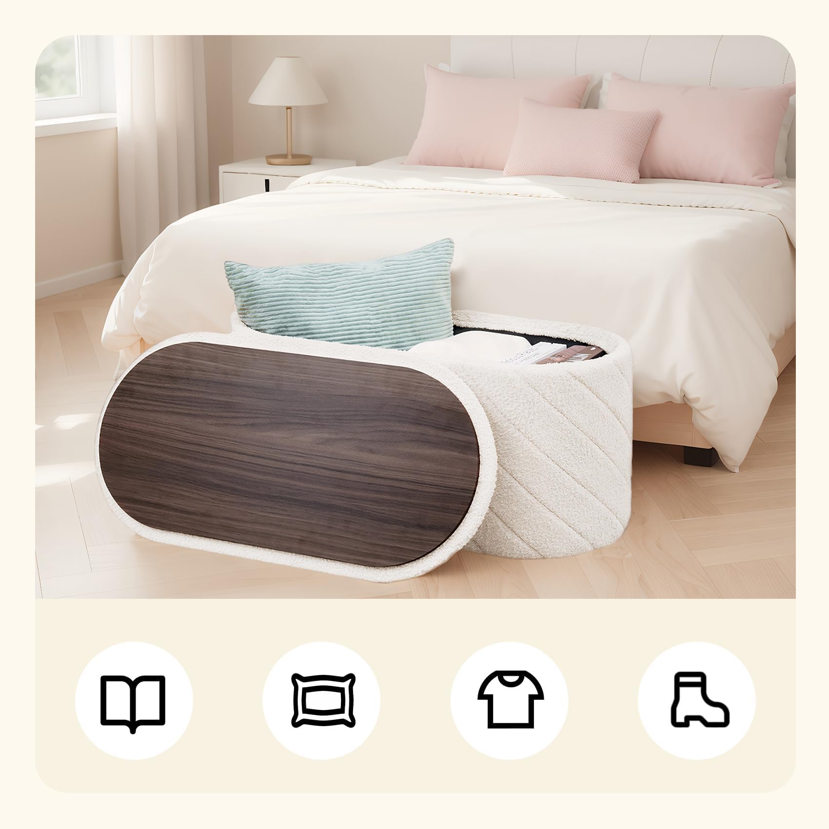 PINPLUS Sitzbank mit Stauraum, Ovale Polsterbank, Klappbarer Fußhocker, Bettbank aus Boucle Stoff, für Schlafzimmer, Wohnzimmer, Weiß, 76x38x38 cm