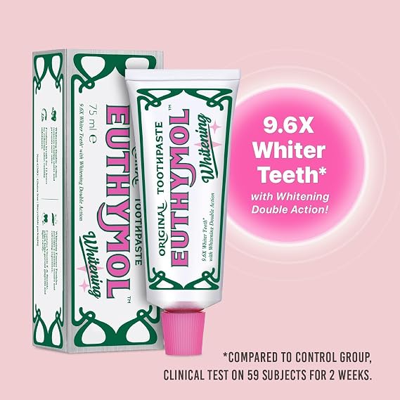 Euthymol Original Whitening Toothpaste 75ml x 5 – Made in Korea – 9.6X Whiter Teeth – Double Action – Fluoride & Vitamin E – Fights Cavities & Gingivitis – Non-GMO, Gluten-Free, Recyclable Packaging