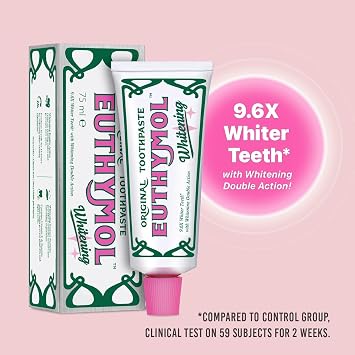 Euthymol Original Whitening Toothpaste 75ml x 5 – Made in Korea – 9.6X Whiter Teeth – Double Action – Fluoride & Vitamin E – Fights Cavities & Gingivitis – Non-GMO, Gluten-Free, Recyclable Packaging