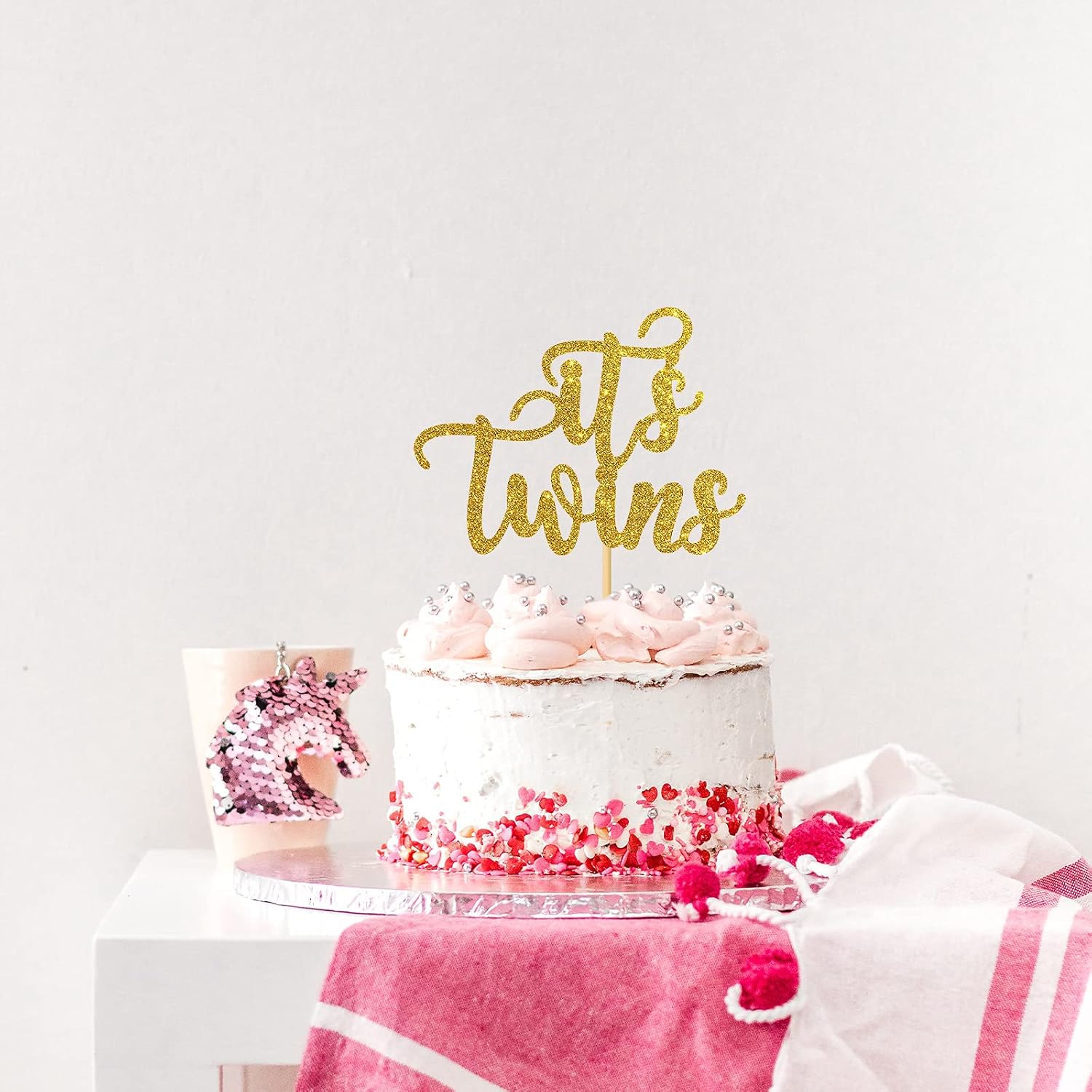 Gold Glitter It's Twins Cake Topper for Baby Shower,Gender Reveal,Baby 6 Months, 1st Birthday Party Decorations Supplies Babies Cake Topper