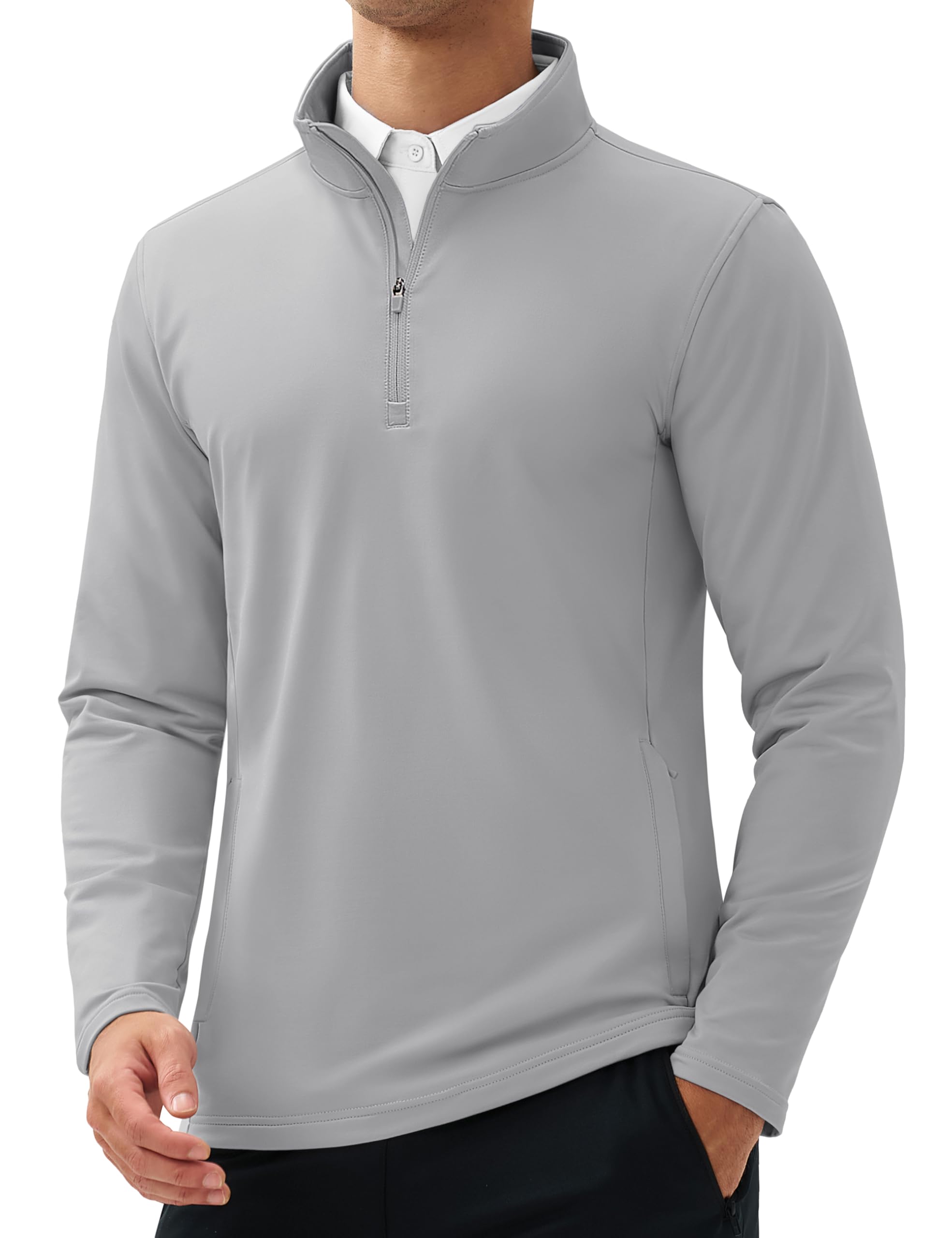 MAGCOMSEN Quarter Zip Pullover Men Golf Jacket 1/4 Fleece Sweatshirts Fall Training Track Jacket with Pockets Light Grey XL