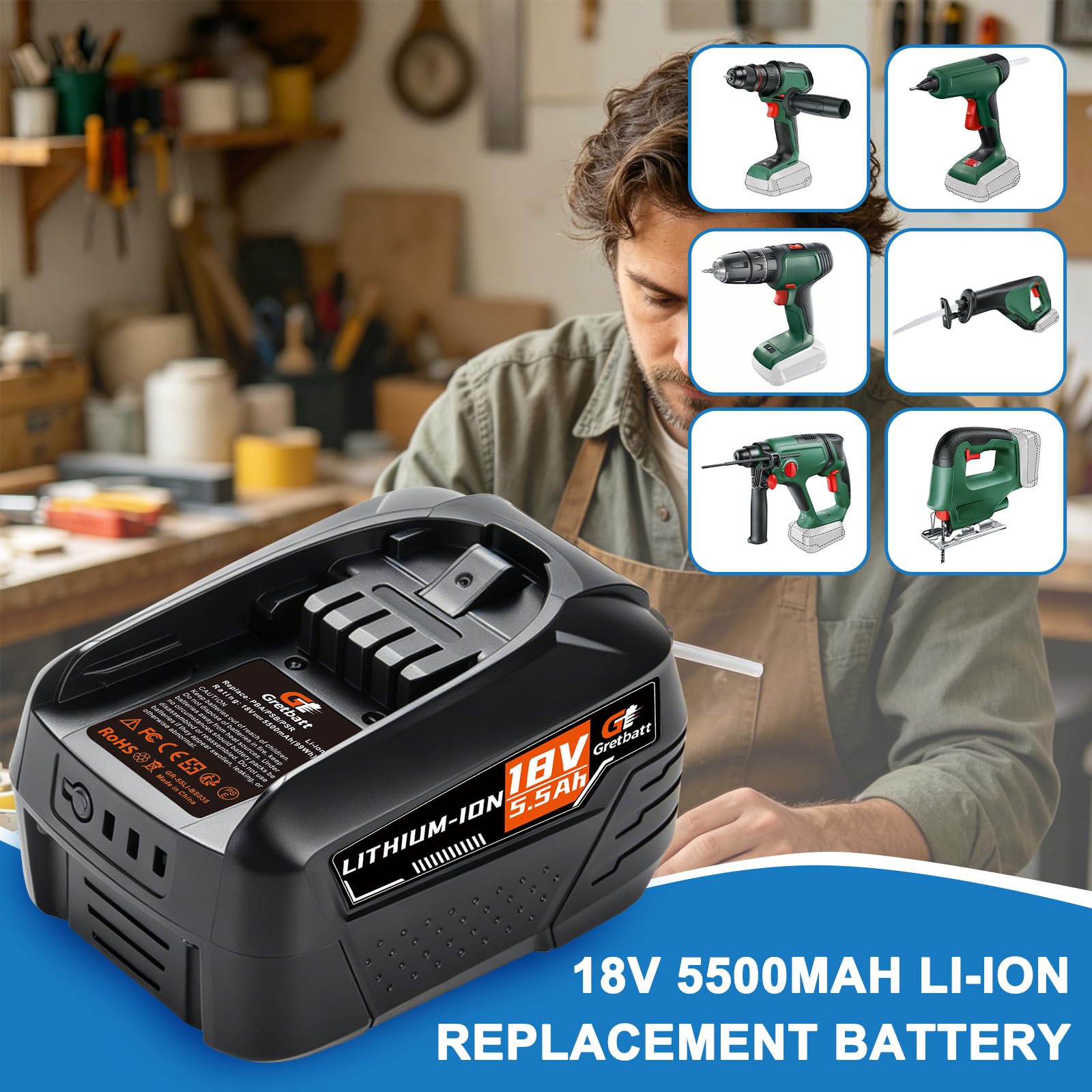2 baterías de repuesto de 18 V y 5500 mAh para Bosch batería de 18 V PBA, PSB, PSR, 5,5 Ah para herramientas de casa y jardín Bosch, compatible con dispositivos