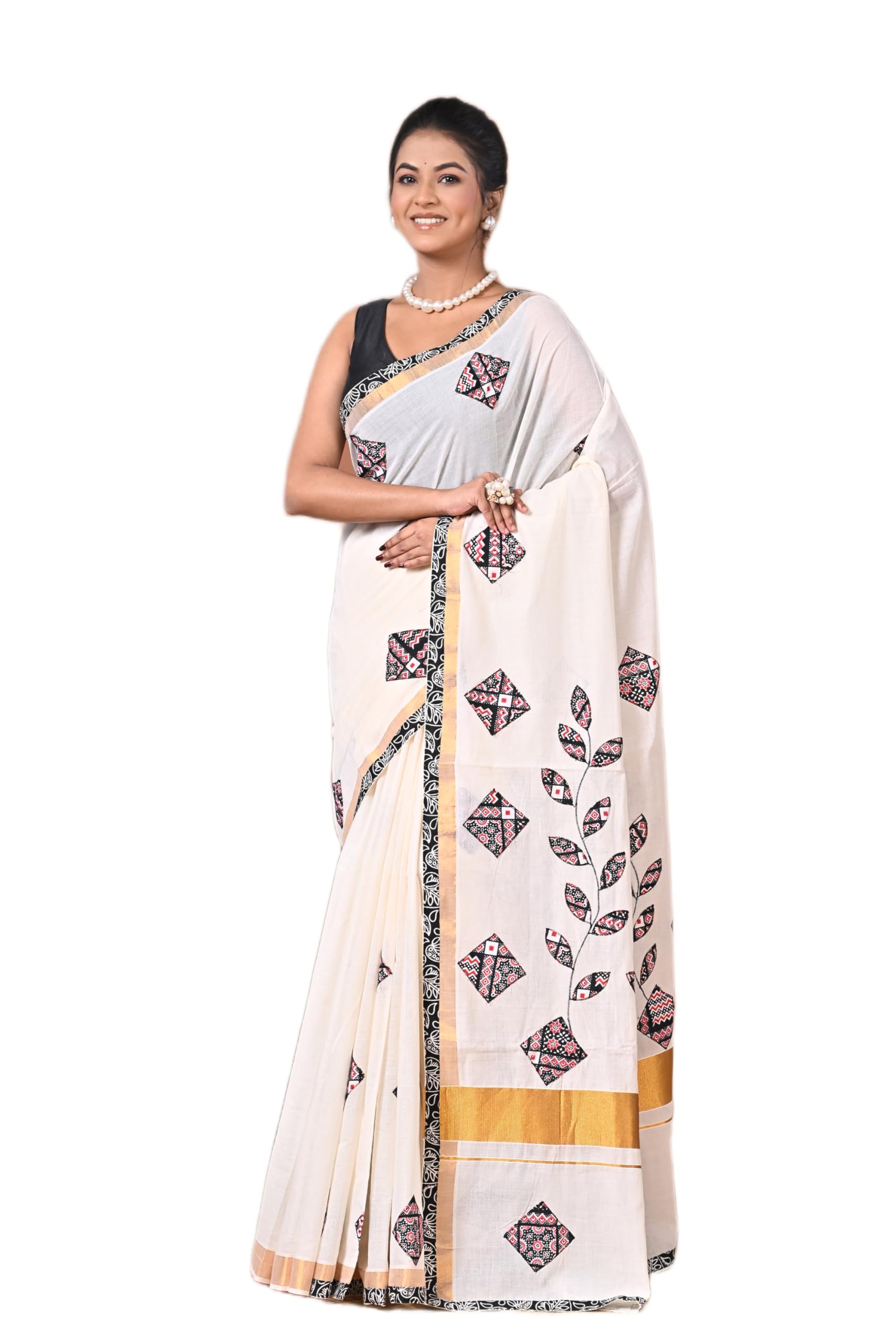 Duhita Handloom Kerala Cotton Saree with Applique Work | Off White Kasavu Style Saree with Black Border-picture-54