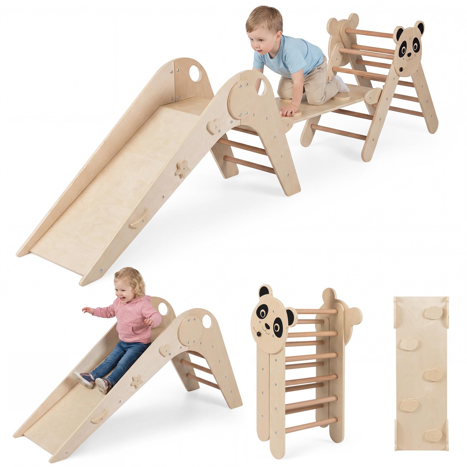 COSTWAY Set da Arrampicata per Bambini, Set Montessori Pieghevoli in Legno, Parco Giochi per Bambini con Scivolo, Rampe, Scala e Blocchi, 3 Anni + (Naturale)