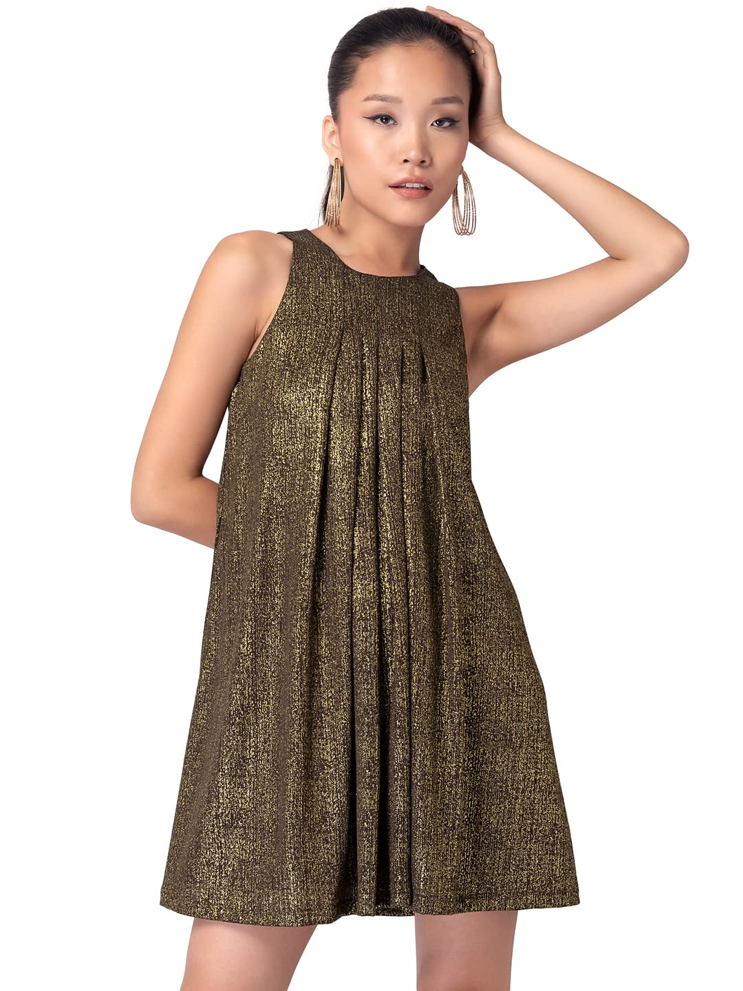 FabAlleyWomen's Poly Lycra Black Pleated A-Line Dress Mini