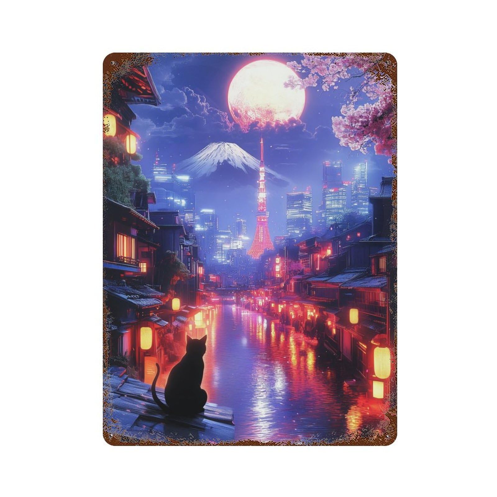 Tokyo Night Tranquility Vintage Rust Metal Sign 15.7"x11.8", Classic Wall Plaque for Basement, Hobby Room And Garage Decor