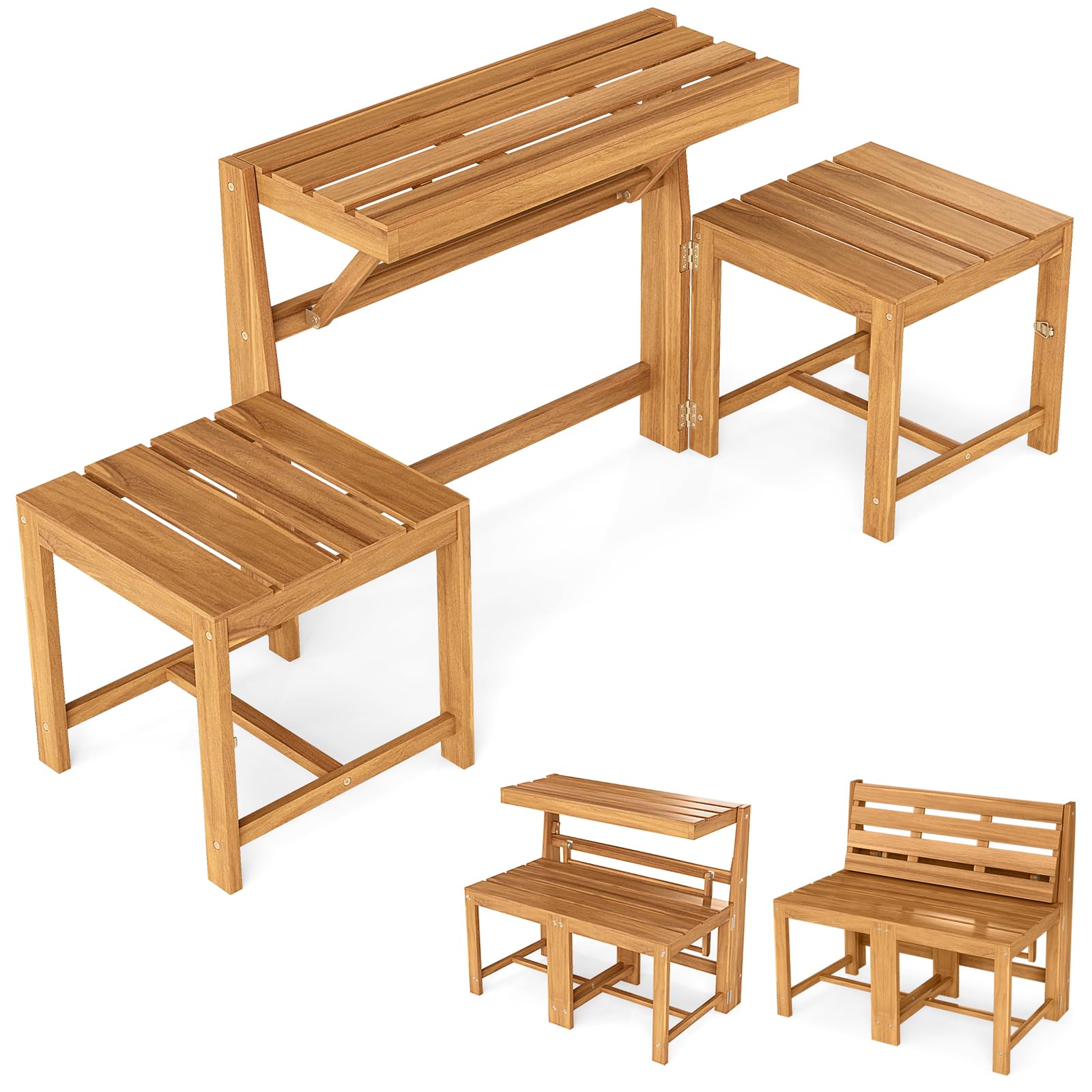 COSTWAY Salon de Jardin 3 en 1 Banc 2 Places Table Rectangulaire Chaises Extérieur Bois d'Acacia Dossiers Inclinés Siège à Lattes