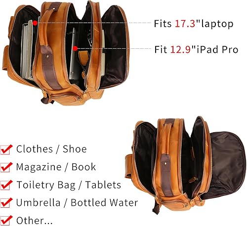 Miniatura 3 de Mochila de cuero de grano completo para hombres, mochila de cuero para laptop de 17.3 pulgadas con puerto de carga USB, bolsa de viaje grande para