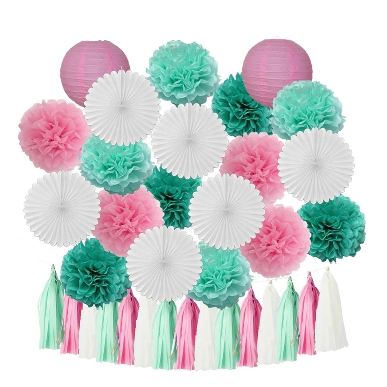 Paper Lanterns Boy Birthday Party Favor Hanging Paper Lantern Fan Wedding Decor Blue White Set Tissue Pompom Tassel(Pink Mint)