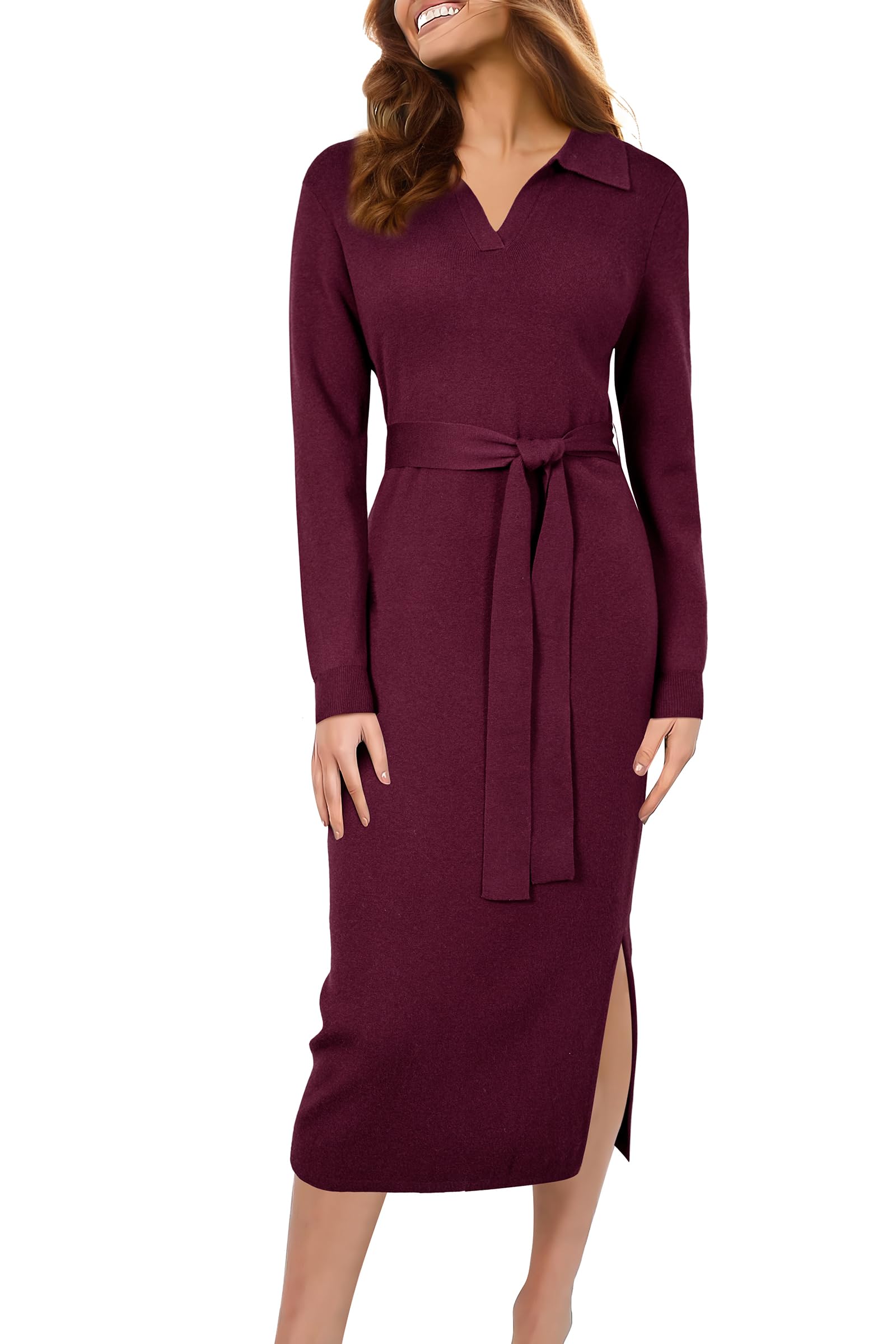 Arach Cloz Womens Wool Blend Side Slit Polo Sweater Dresses 2025 Fall Business Casual Outfits