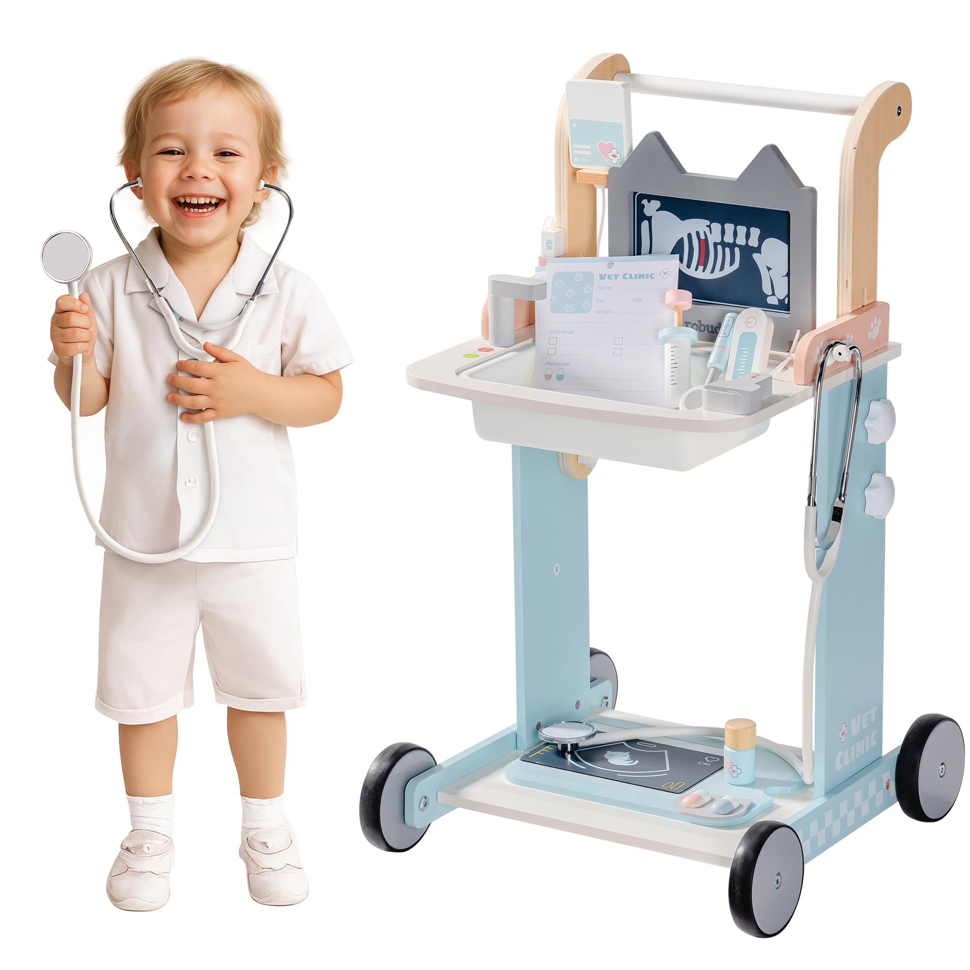 Photo 1 of ROBUD Toddler Doctor Play Set, Complete Doctor Kit for Kids with Adjustable Height and Medical Tools, Wooden Pretend Play Pet Doctor Cart for Kids Aged 3+, Vet Kit for Imaginative Role Play Fun