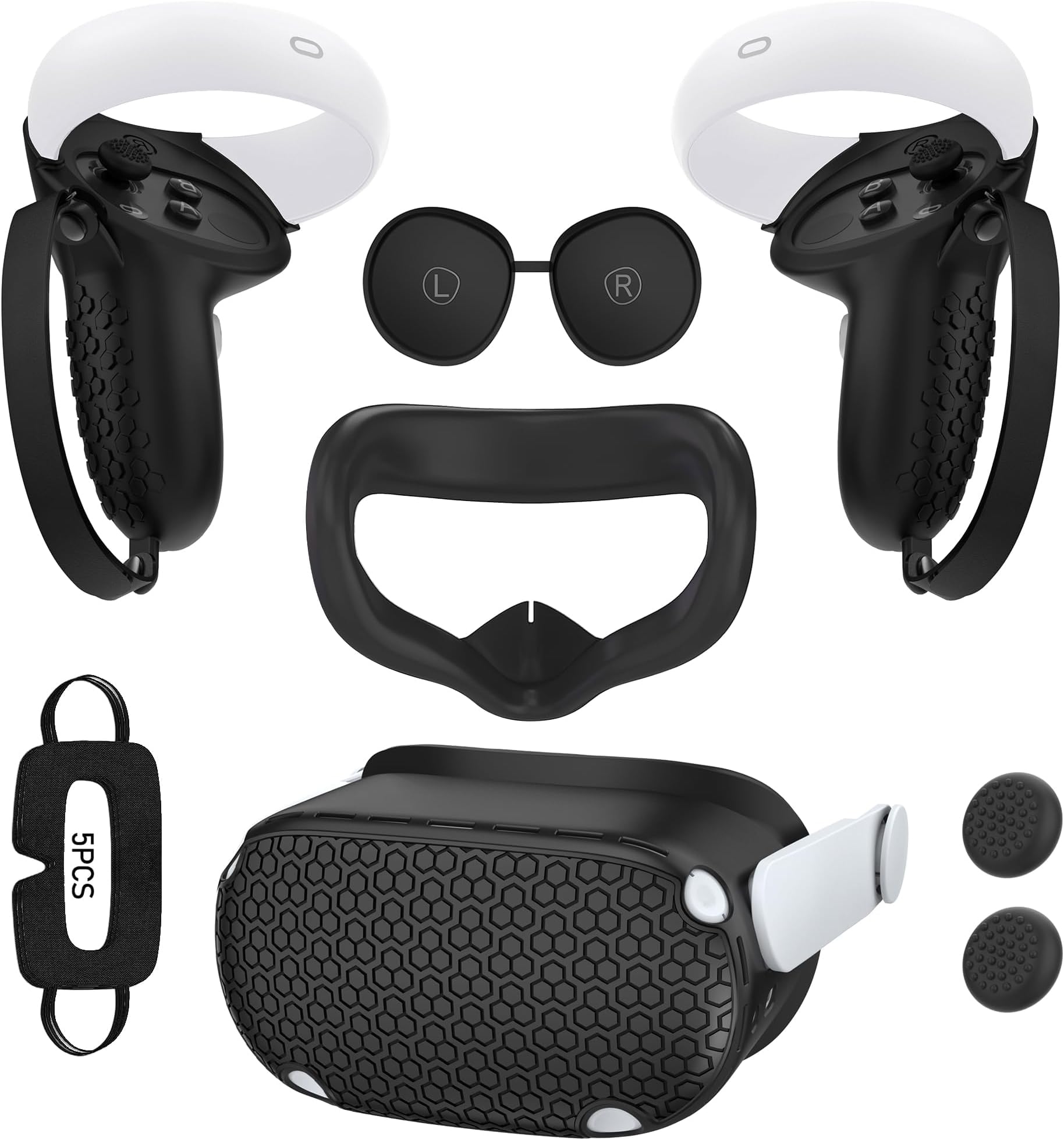 for Oculus Quest 2 Accessories Face Cushion Cover for Quest 2 Contorller Grips Lens Cover VR Silicone Covers VR Shell Cover Thumbsticks Covers for Meta Quest 2 Disposable Eye Cover 5pcs (Black)