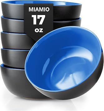 MIAMIO - 6 x 17 oz Stoneware Bowl Set Outside Black Inside Colourful - Le Papillon Collection Blue
