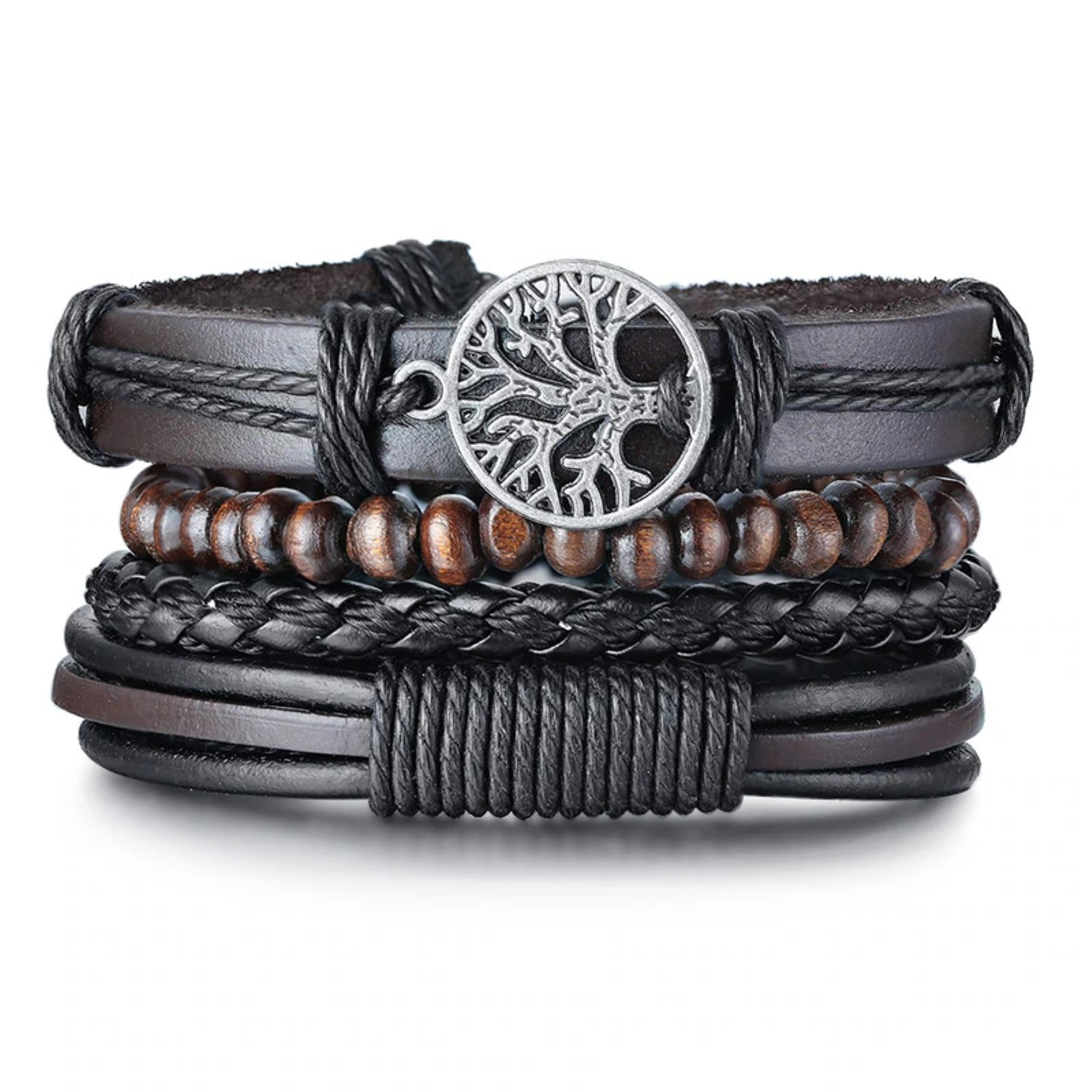 BEDT 4pcs/ Set Tree Of Life Men Bracelets, Black Layer Leather Wristband
