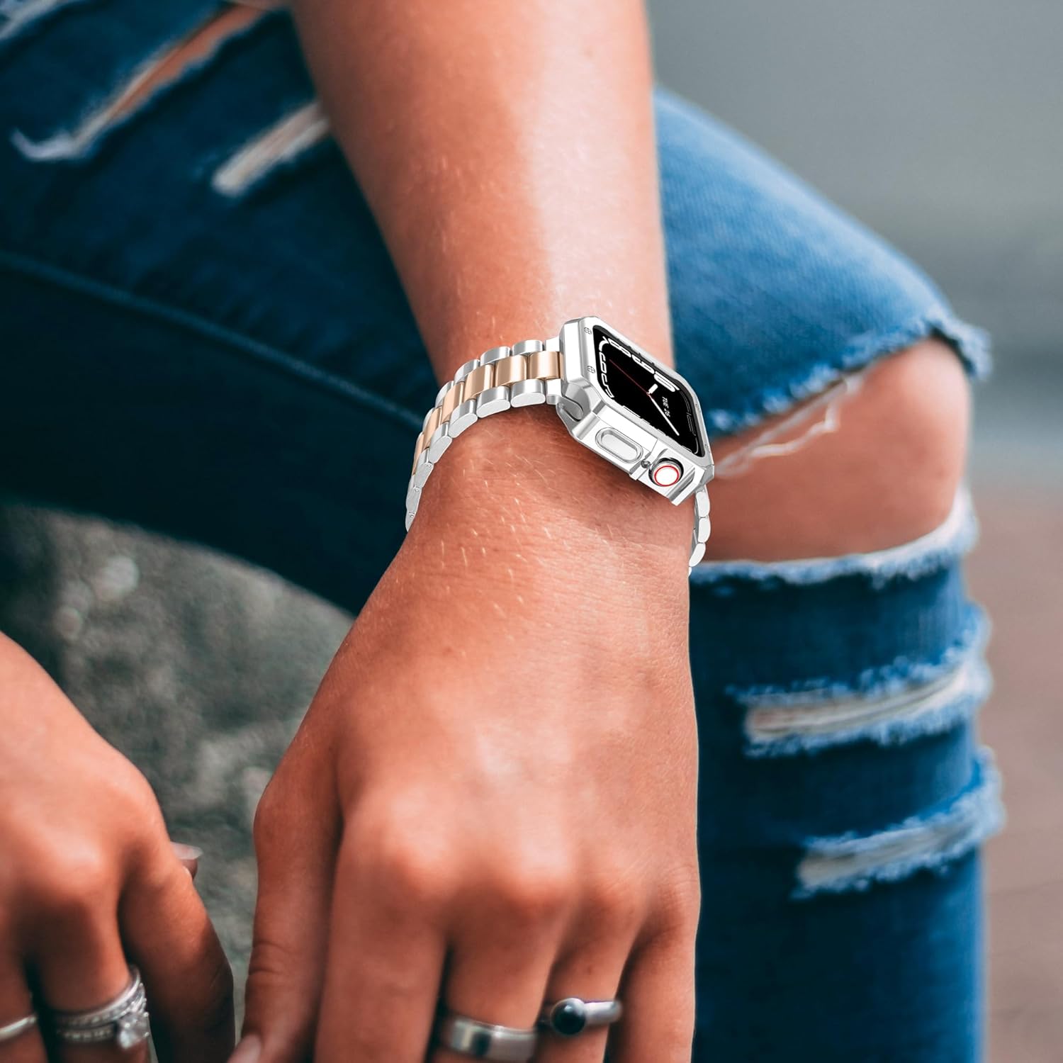 Compatible with Apple Watch Band 45mm 44mm 42mm 41mm 40mm 38mm,Stainless Steel Metal iWatch Band with TPU Case for Apple Watch Series 9 8 7 6 5 4 3 2 1 SE SE2 Men and Women - Image 2