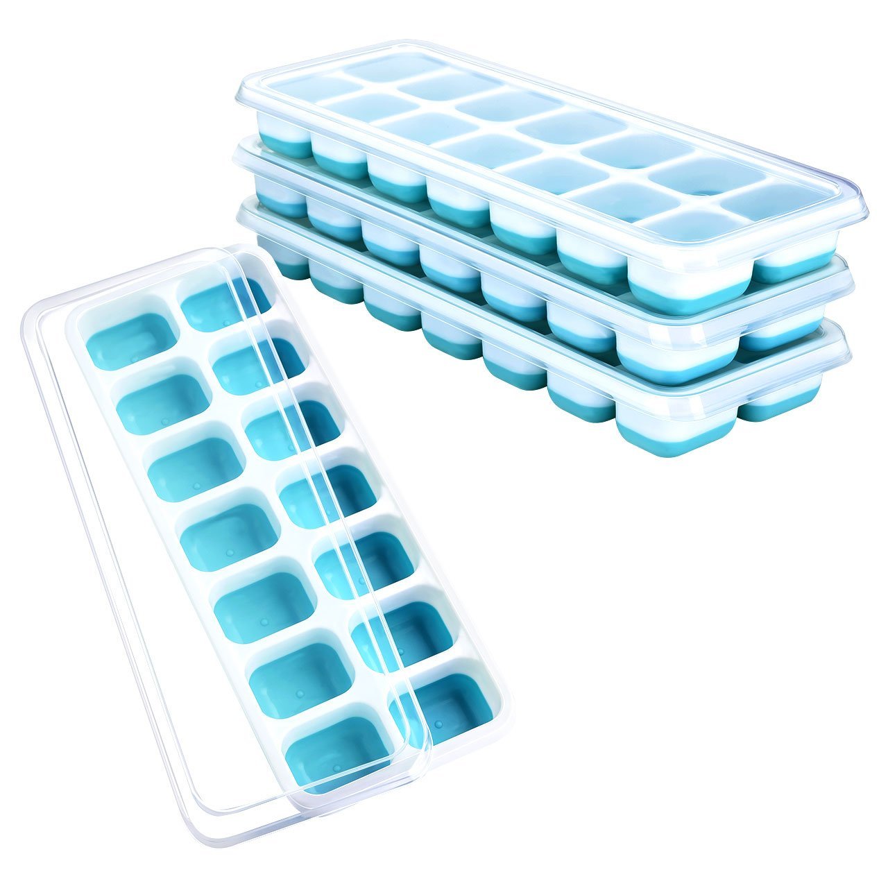 4 in 1 Set of 4 Ice Cube Trays, Easy-Release, 14 mould Tray with Easy Release cubes, Removable Lid, LFGB Certified, BPA Free, Stackable, Durable and Dishwasher Safe, 60 Days