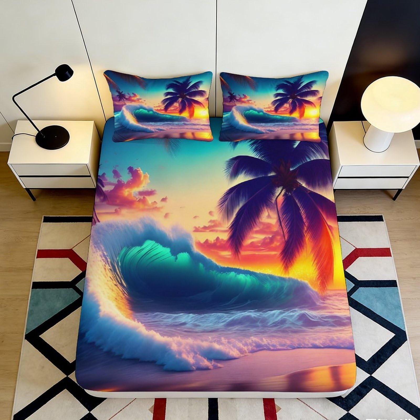 Pnayamiorkfel Style-4 3D Printed Tropical Sunset Wave Fitted Sheet Microfiber Non Slip Palm Beach Bed Cover For Bedroom Dorm Mattress Decor 90X200x25cm