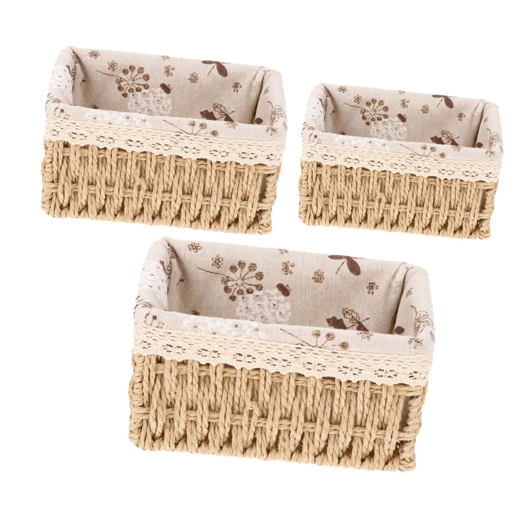 SHINEOFI Scatola Portaoggetti in Rattan e Tessuto Naturale, Cestino Porta Snack e Organizer per Soggiorno, Set da 3 Cestini Compartimentati per Casa e Decorazione Interni