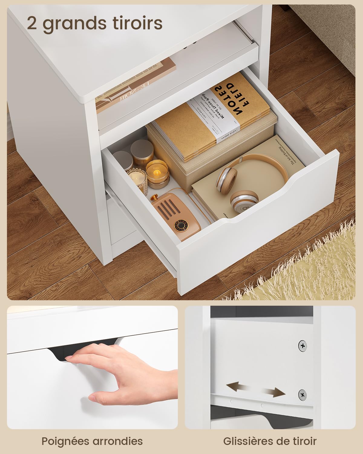 TEENFON Set de 2 Tables de Chevet avec Éclairage LED 3 Couleurs et Charge Rapide USB/Type-C – Chevet de Lit ainsi que Table de Nuit Moderne avec Plateau Coulissant et 2 Tiroirs, pour Chambre et Salon,