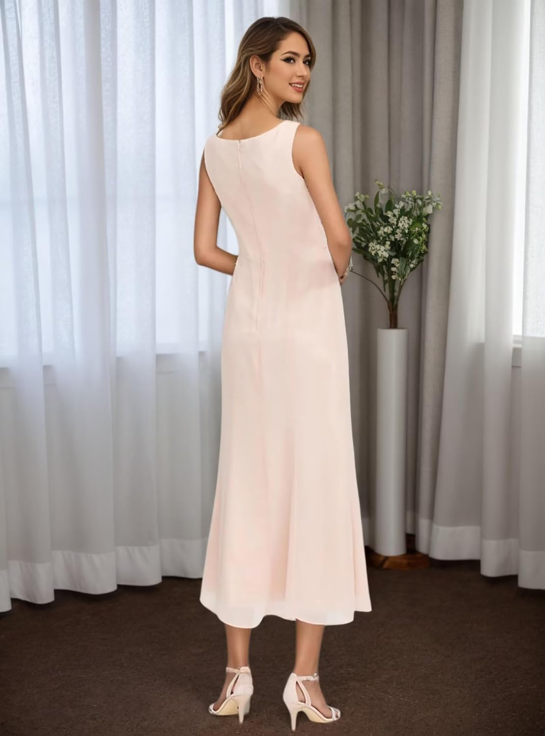 Chiffon Mother of The Bride Dresses - 2 Pieces Tea Length Long Sleeve Formal Wedding Guest Dress with Jacket