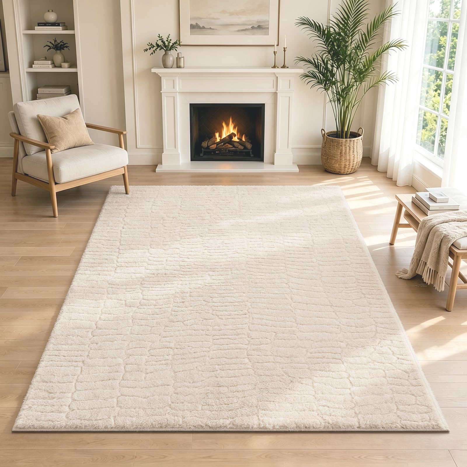 VSIWB Rugs Living Room 120x180cm Soft Fluffy Washable Non-Slip 3D High Low Effect Modern Cream Carpet for Bedroom, Dining Room, Nursery, Office