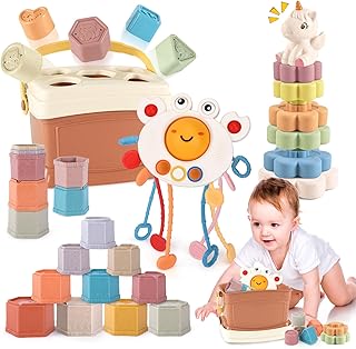 Konijiwa 4 In 1 Baby Toy Montessori Toys With Shape Sorter Box With 5 Blocks, 10 Stacking Cups, Unicorn Stacking Toy, Crab Pull String Sensory Toys For Babies 6 9 12 Months 1 2 3 Years Old