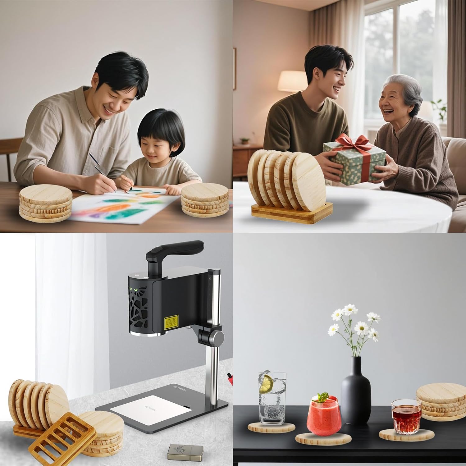 木製コースター 12個 未完成 木製コースター ホルダー2個付き 耐熱コースター ドリンク/紅茶/コーヒー/木製スライス 絵画彫刻/