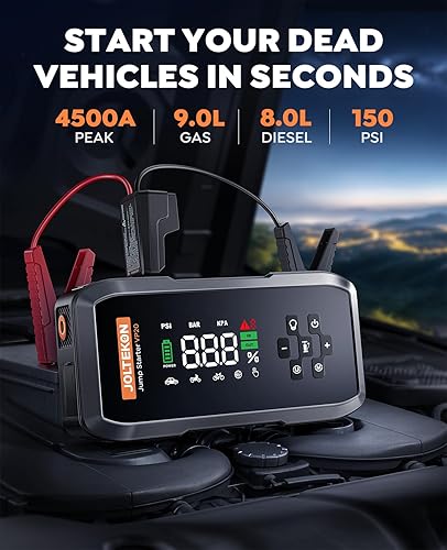 Miniatura 2 de Arrancador de batería de coche con compresor de aire, potente batería de 4500 A arrancador portátil con bomba de pausa automática de 150 PSI, caja