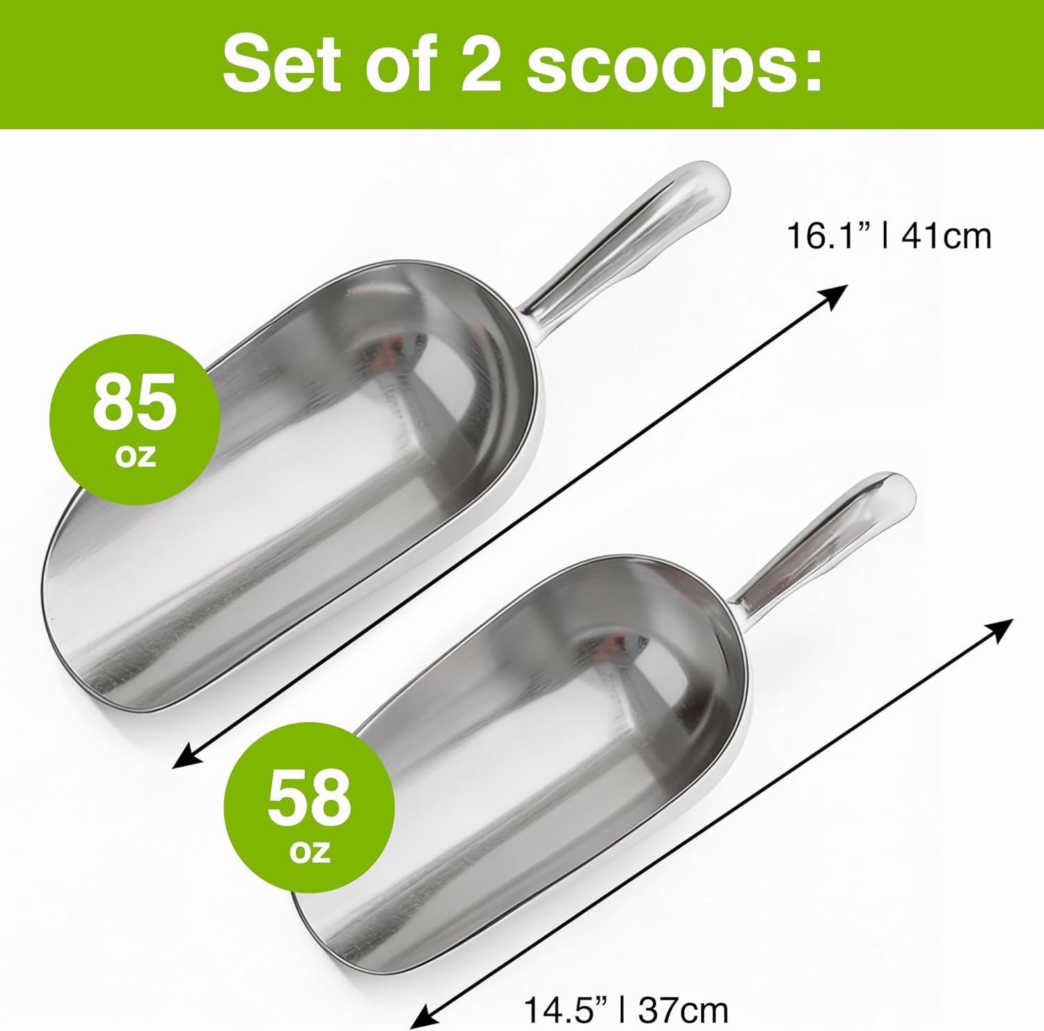 [2-Pack] 58oz + 85oz Metal Scoops for Ice Machine - Large Aluminum Ice Scoop Set - Hand Wash Only