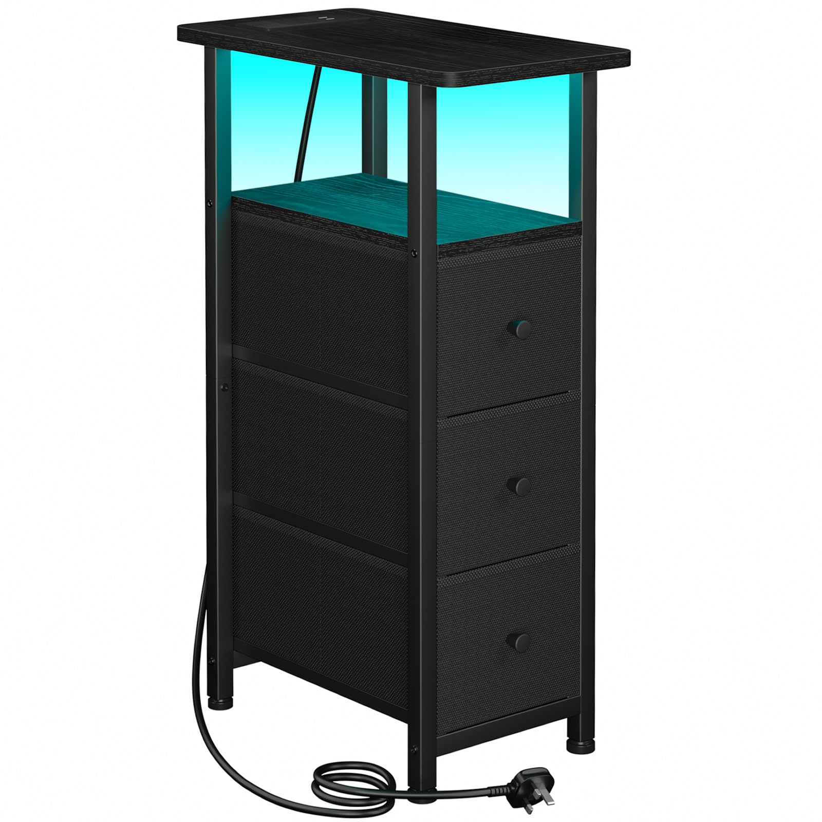 LOAKEKEL Slim Bedside Table with Charging Station, Narrow Side Table with LED Light, Small Sofa Table with 3 Fabric Drawers, End Table, Nightstand for Small Spaces, Living Room, Black UHETNDP03LBK-1