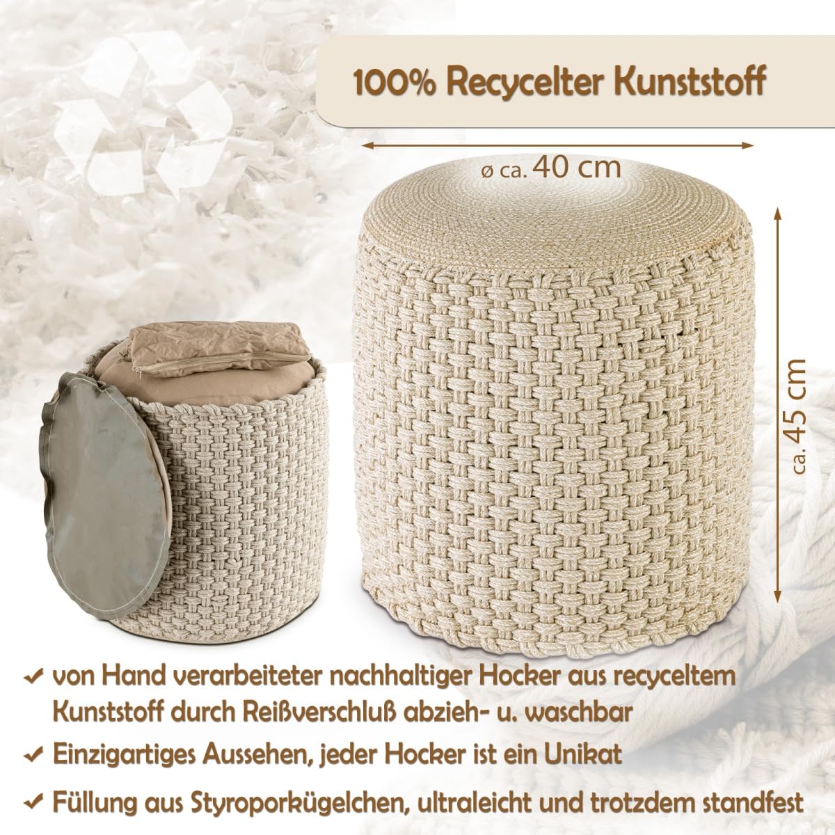 Hocker Sitzhocker Merino Pouf Indoor Outdoor ø40 H45cm Sitzpouf nachfüllbar Farbe beige - weiß