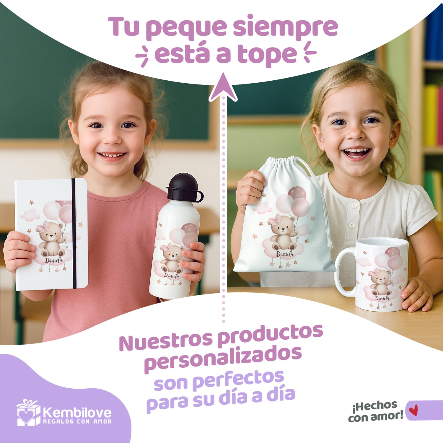 Kembilove Pack vuelta al cole personalizado con nombre niña/Osita con globos/Mochila + botella + taza + libreta + neceser/Regalo escolar guardería infantil/Set Colegio o Escuela
