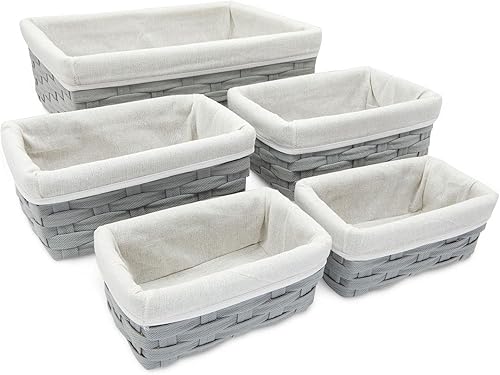 Cestas ligeras color gris de mimbre decorativas organizar – 5 piezas: 2 pequeñas, 2 medianas, 1 grande, con diseño de tela