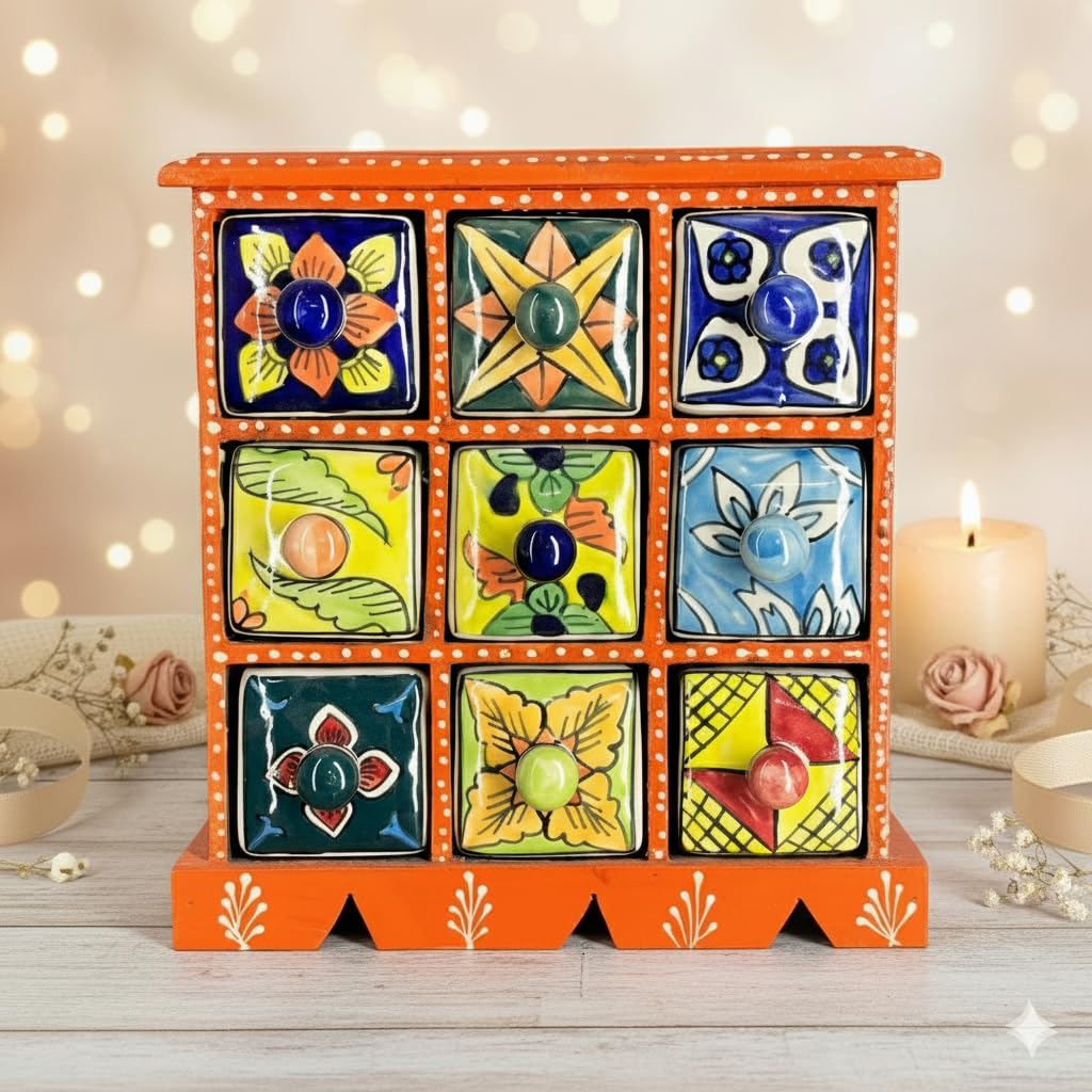 DIWAM HANDICRAFTS Handcrafted Mango Wood Small Cabinet | 9 Ceramic Drawers Organizer for Jewelry, Spices & Desk | Ethnic Home Decor Gift-image-46