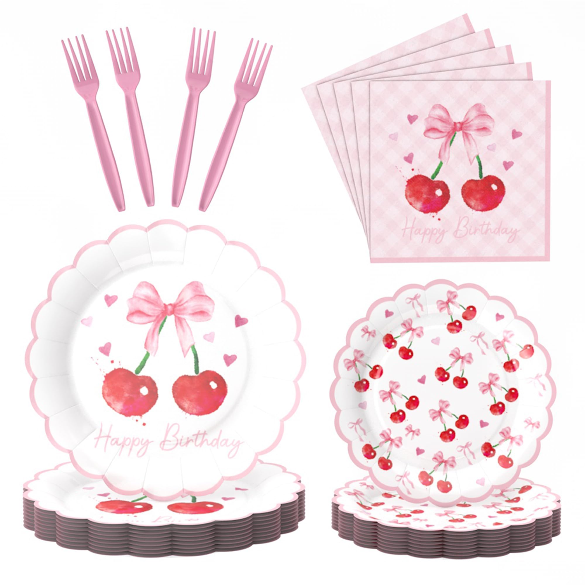 Bourns 96PCS Cherry Birthday Decorations Plate Set,Happy Birthday Plates and Napkins Party Supplies, Cherry Paper Plates and Napkins Serve 24 Guests
