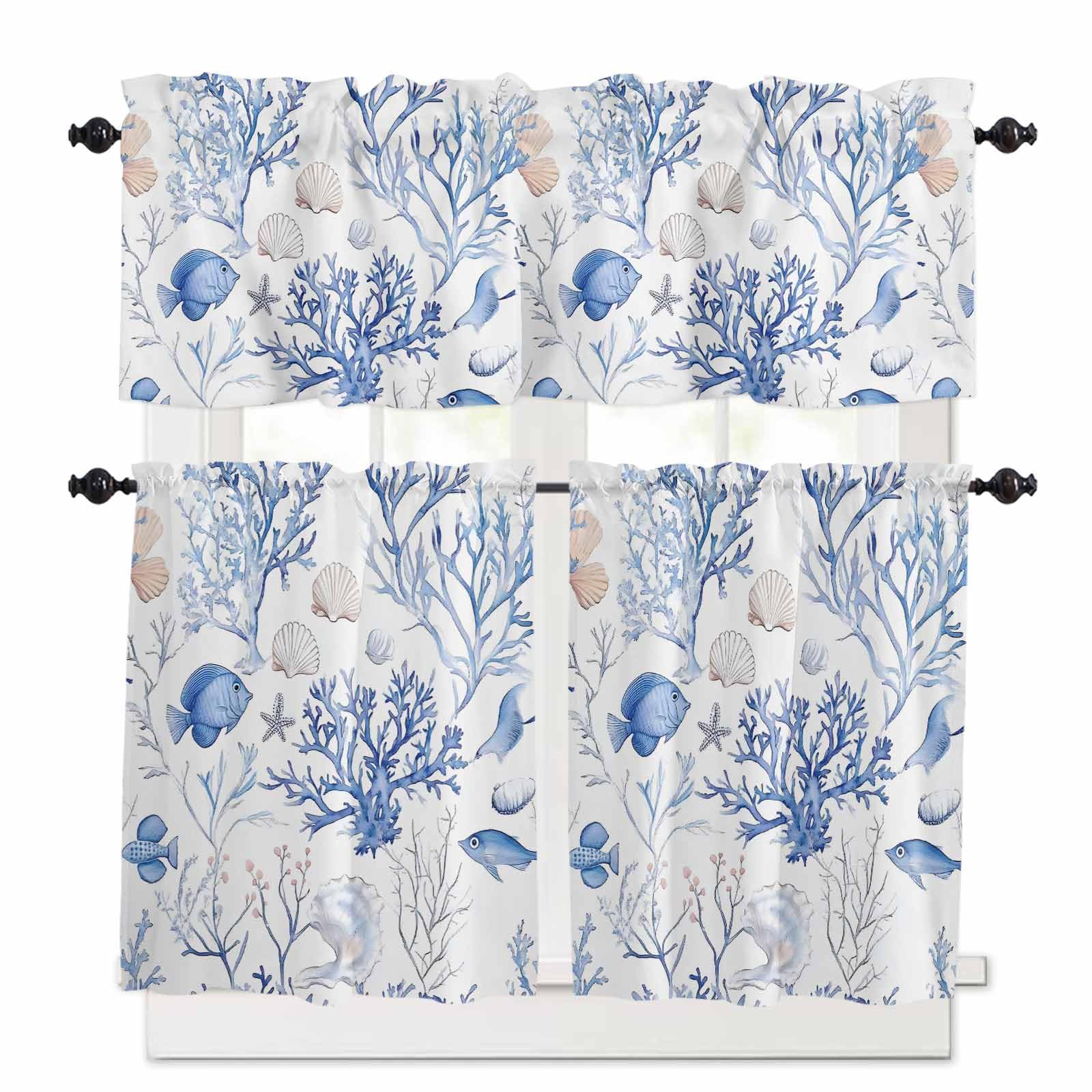 Blue Coastal Kitchen Curtains 36 Inch Length, 3 Piece Rod Pocket Small Half Tiers and Valance Set, Summer Ocean Fish Shell Small Large Window Treatment Decor for Bedroom/Bathroom Sink
