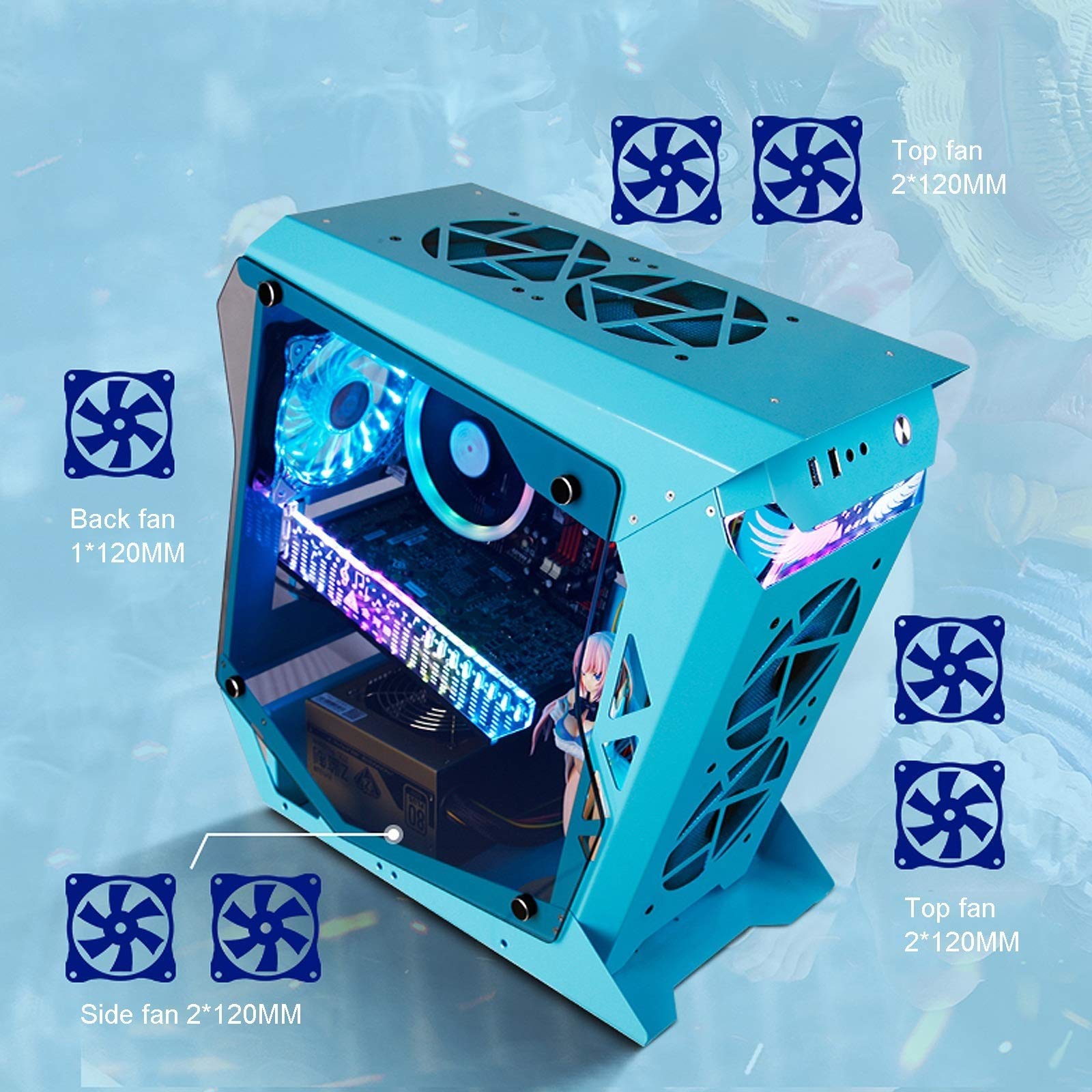 Komputerowa Obudowa, MILD-TOWER MICRO ATX/ATX Console Console Console, Struktura Stali Hartowanej Szkła, USB3.0 / USB2.0 / Port Audio, Chłodzenie Wodociągowe(Blue)