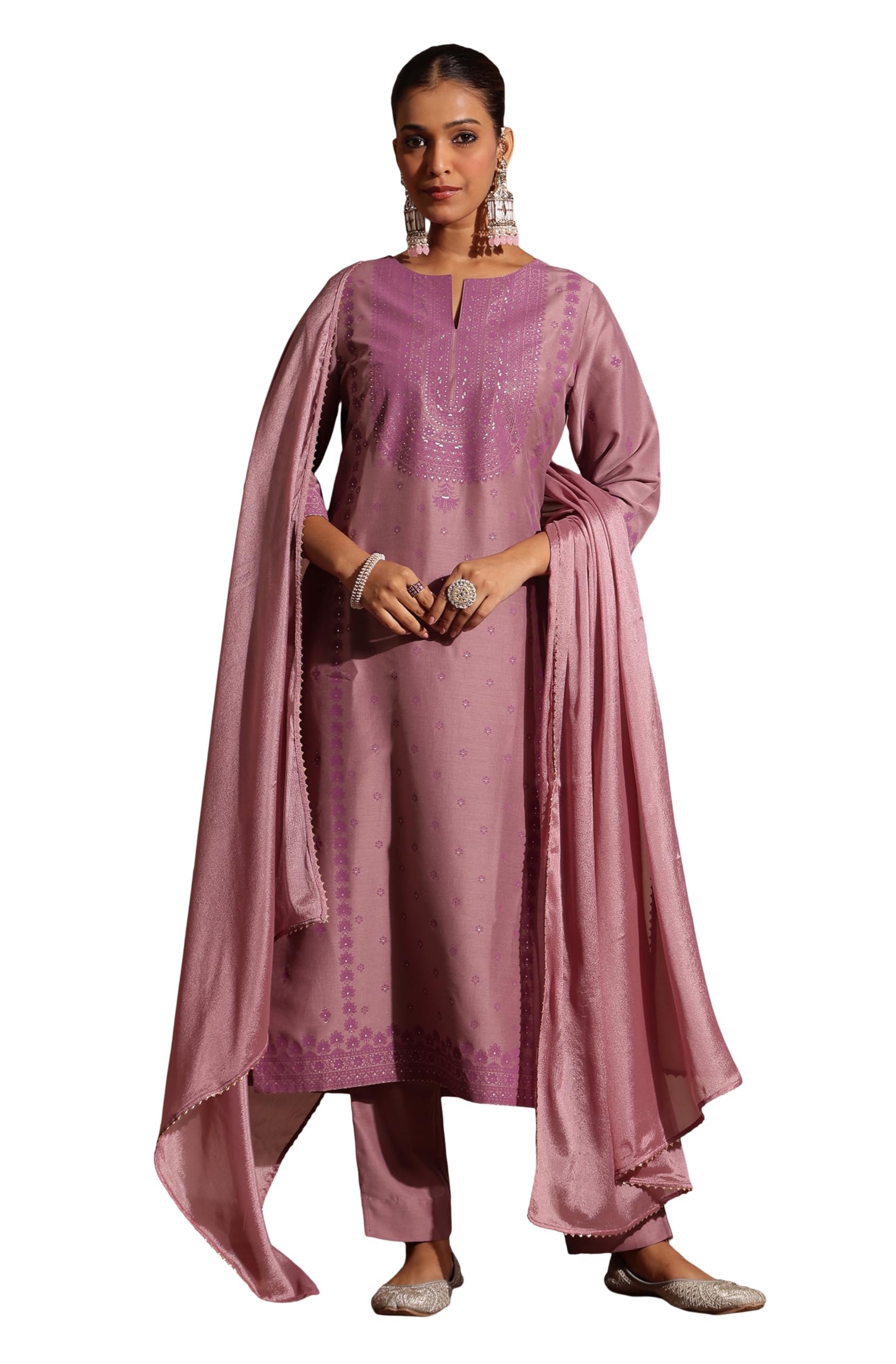 janasya Women's Purple Silk Blend Embellished Zari Printed Straight Kurta Set-picture-55