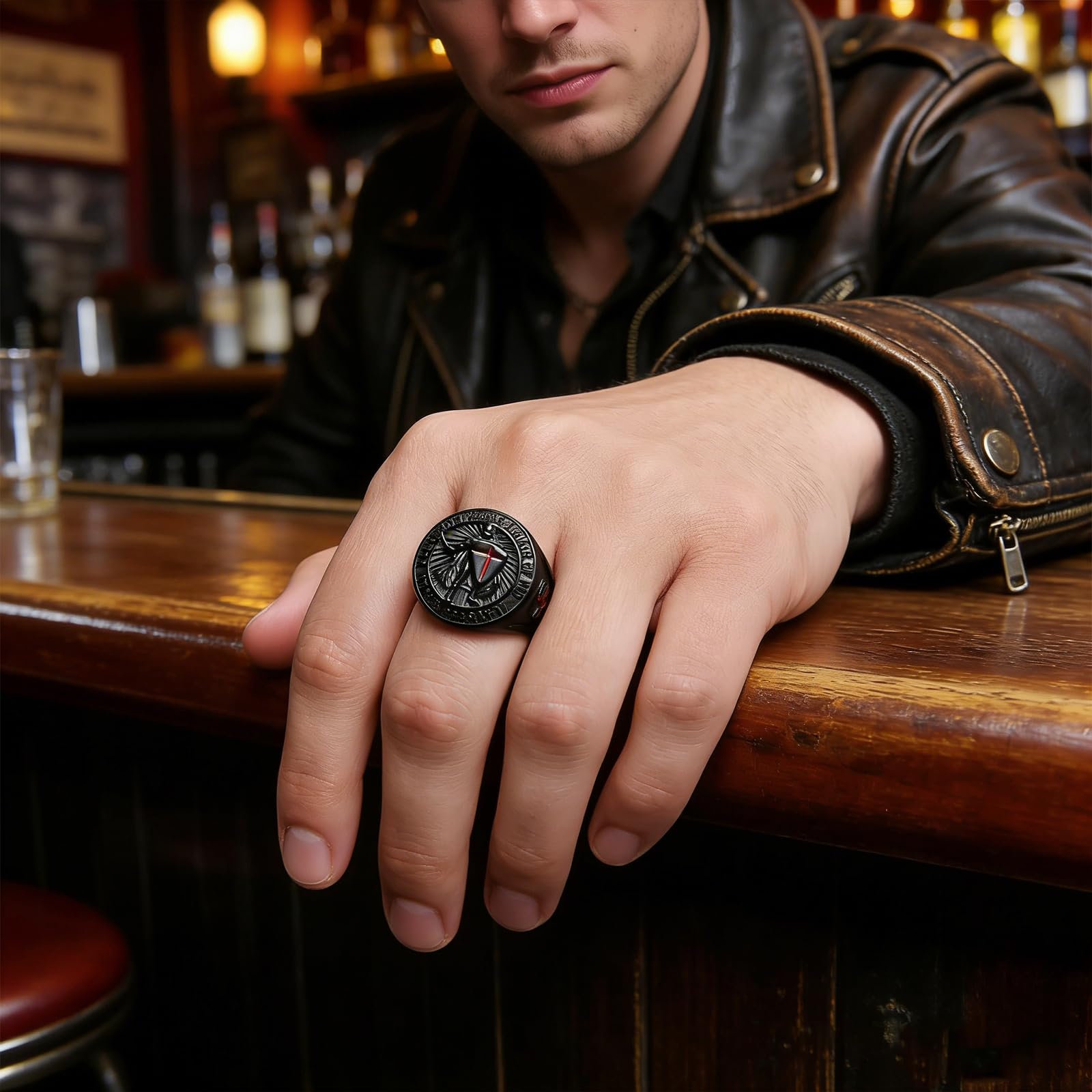 HZMAN Bague chevaliers Templiers pour homme Éphésiens 6:13-17 Croix rouge Design Bague en acier inoxydable Bijoux Cadeau