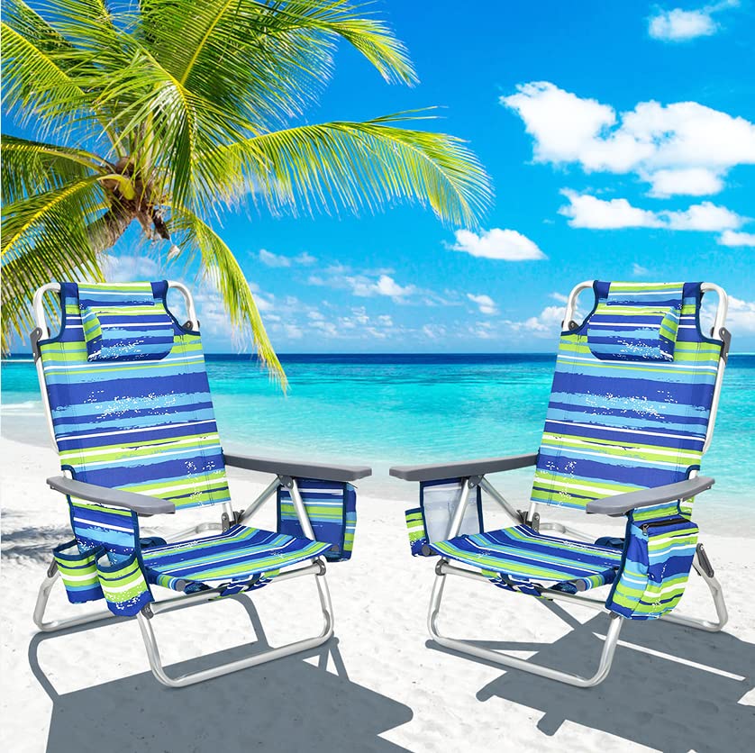 COSTWAY Folding Beach Chair Set, 5 Adjustable Position Camping Chairs Sets with Headrest, Cup Holder, Ice Bag and Towel Rack, Outdoor Portable Sun Lounger (Blue+Green, without Table)